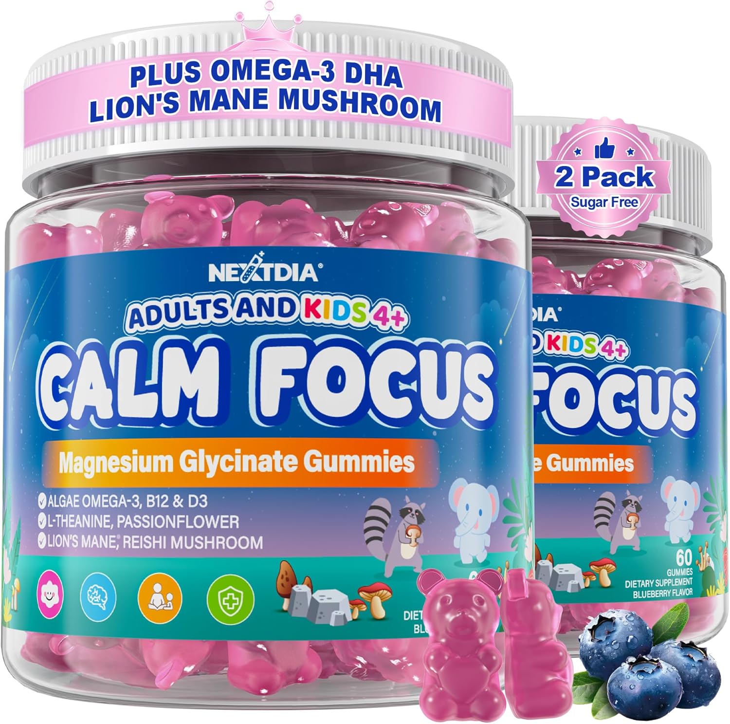 Magnesium Glycinate 400mg for Kids & Adults, Calm Sleep & Focus Gummies + Omega-3 DHA/EPA, Lion’s Mane, Vitamins D3 & B12 for Relaxation, Attention & Concentration, Melatonin Free, Sugar Free, 120Cts