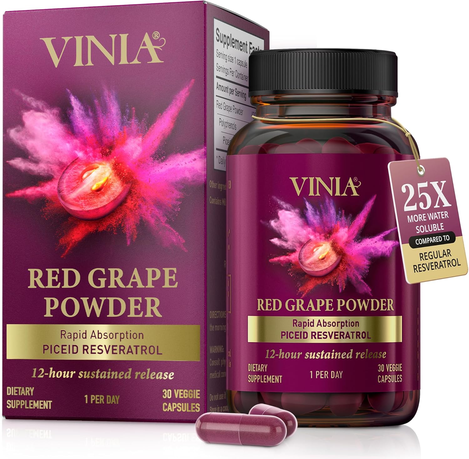 VINIA Piceid Resveratrol Supplement Capsules. Increases Blood Flow and Nitric Oxide. Blood Pressure and Heart Health Support | Antioxidant from Red Grapes | Non-GMO, 30 Count