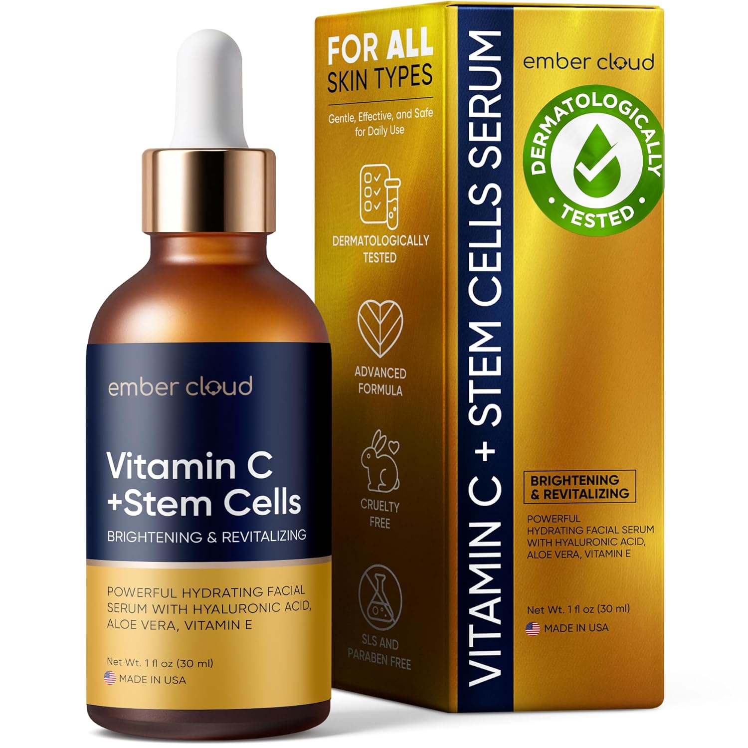 Vitamin C Serum for Face with Stem Cells Hyaluronic Acid Vitamin E Aloe Vera Anti-Aging Face Seru Supports Skin Health & Even Tone Cruelty Free All Skin Types Made in USA (1 Oz)