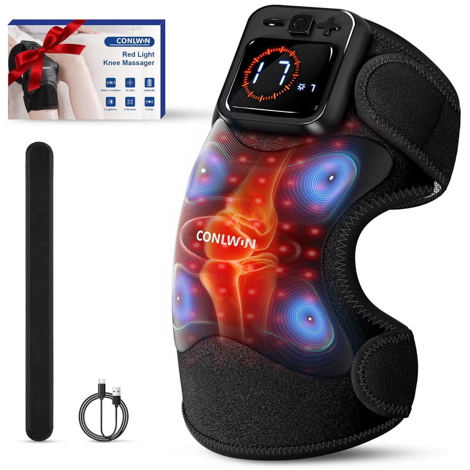 4-in-1 Cordless Knee Massager with Heat and Red Light Therapy for Knees, 6 Vibration & 4 Pulses Knee Pain Relief Device for Shoulder Elbow, Perfect for Women Men Seniors