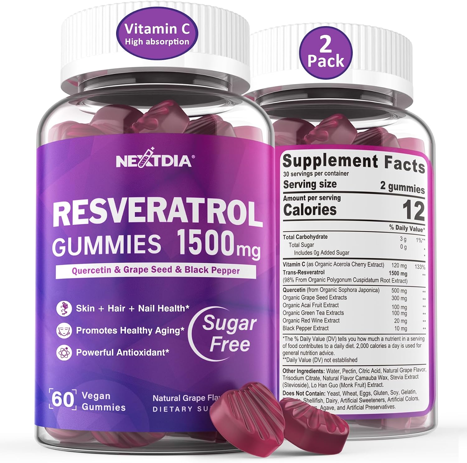 Resveratrol Supplement 1500mg – Resveratrol Gummies Supports NAD⁺, NMN & NMNH Synergy, with Quercetin, Grape Seed, Acai Berries Extracts for Antioxidant, Healthy Aging & longevity, Skin, Brain – 2Pcs