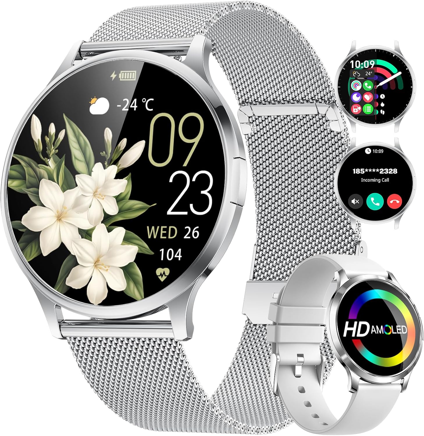 SUNKTA Thin Smart Watch for Women, 1.32″ AMOLED Ladies Smart Watches, 100+ Sports Mode Fitness Tracker, IP68 Waterproof Watches with Bluetooth Call/Sleep, Smartwatch for Android iOS, Sliver#1