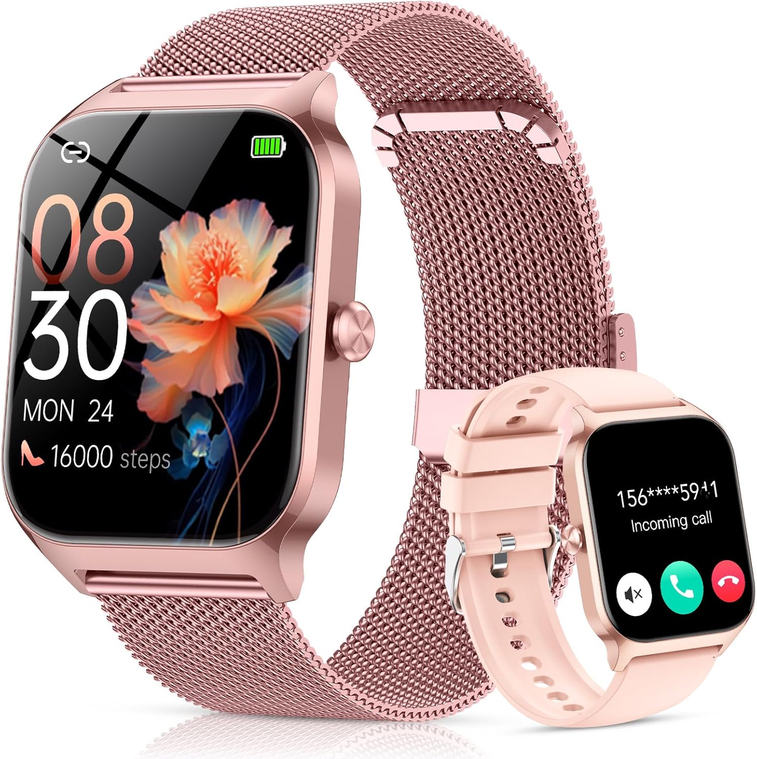 CASCHO Smart Watch for Women (2 Bands), Bluetooth Call Smartwatch with AI Voice,1.85″ HD Fitness Watch,Heart Rate/SpO2/Steps/Sleep Monitor,120+ Sports Modes,IP68 Waterproof Watch for Android iOS-Pink