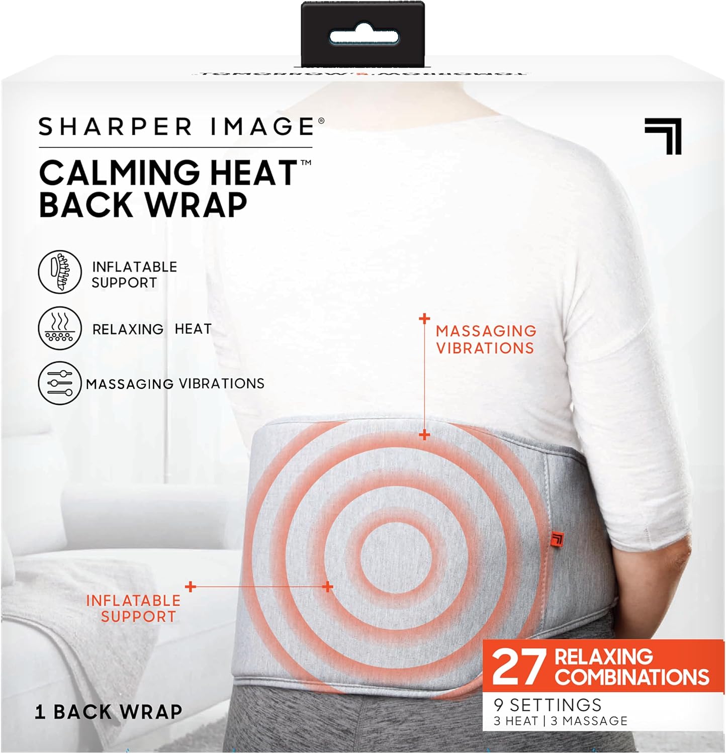 Calming Heat Back Wrap by Sharper Image | Cordless Electric Inflatable Heating Pad, Auto Shut-Off Feature, Gift for Holidays, Women & Men | 3 Heat, 3 Vibrating Massage
