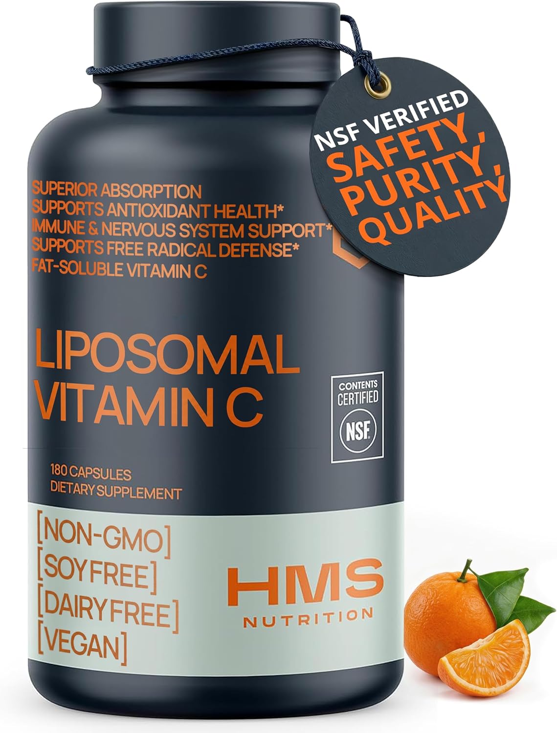HMS Nutrition Liposomal Vitamin C 1600 mg — Fat‑Soluble, High‑Absorption Liposomal C Capsules for Immune & Skin Support | NSF‑Certified, Non‑GMO, Gluten‑Free | 180 Capsules (90‑Day Supply)