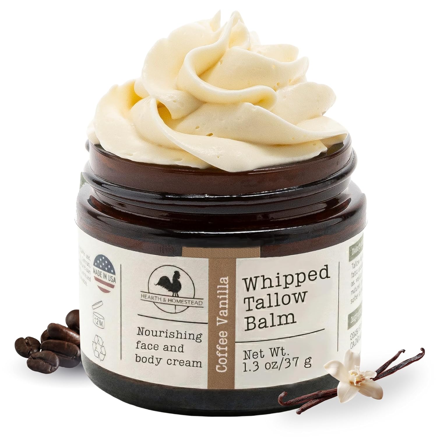 Hearth & Homestead Whipped Beef Tallow for Skin & Face – 100% Grass Fed, Eczema Cream & Body Butter, Organic Olive Oil, Calendula & Rose, Lotion & Hand Moisturizer for Dry Skin, Coffee Vanilla, 1.3oz
