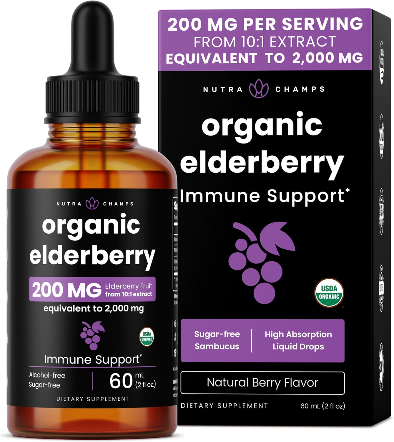 NutraChamps Black Elderberry Syrup, Potent 2000mg 10:1 Extract Sambucus Elderberry Syrup Antioxidant, Drops Berry Flavor, Liquid Elderberry Extract Sugar-Free 2oz, Immune Support
