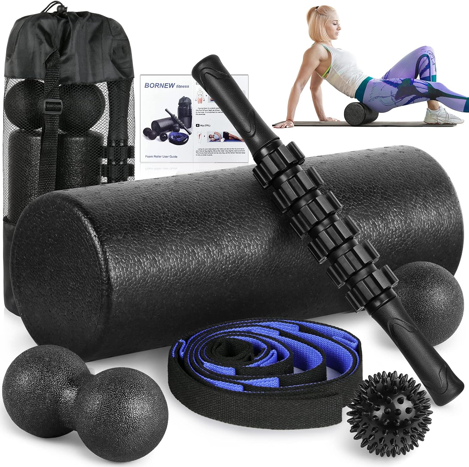Foam Roller Set – High Density Back Roller, Muscle Roller Stick,2 Foot Fasciitis Ball, Stretching Strap, Peanut Massage Ball for Whole Body Physical Therapy & Exercise, Back Pain, Leg, Deep Tissue
