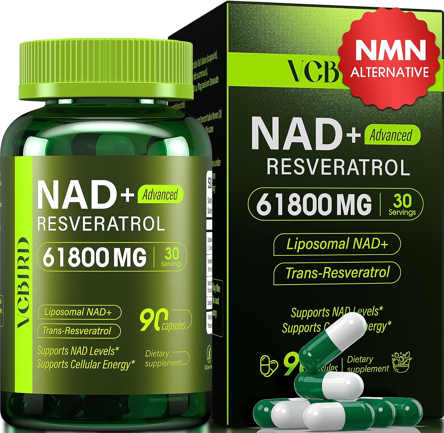 Nad Resveratrol Supplement 1200mg Per Serving – Liposomal Nad+ Resveratrol for Women & Men – High Purity 1200mg Nad+ Supplement for Energy & Healthy Aging, Resveratrol, Quercetin, CoQ10 – 90 Counts