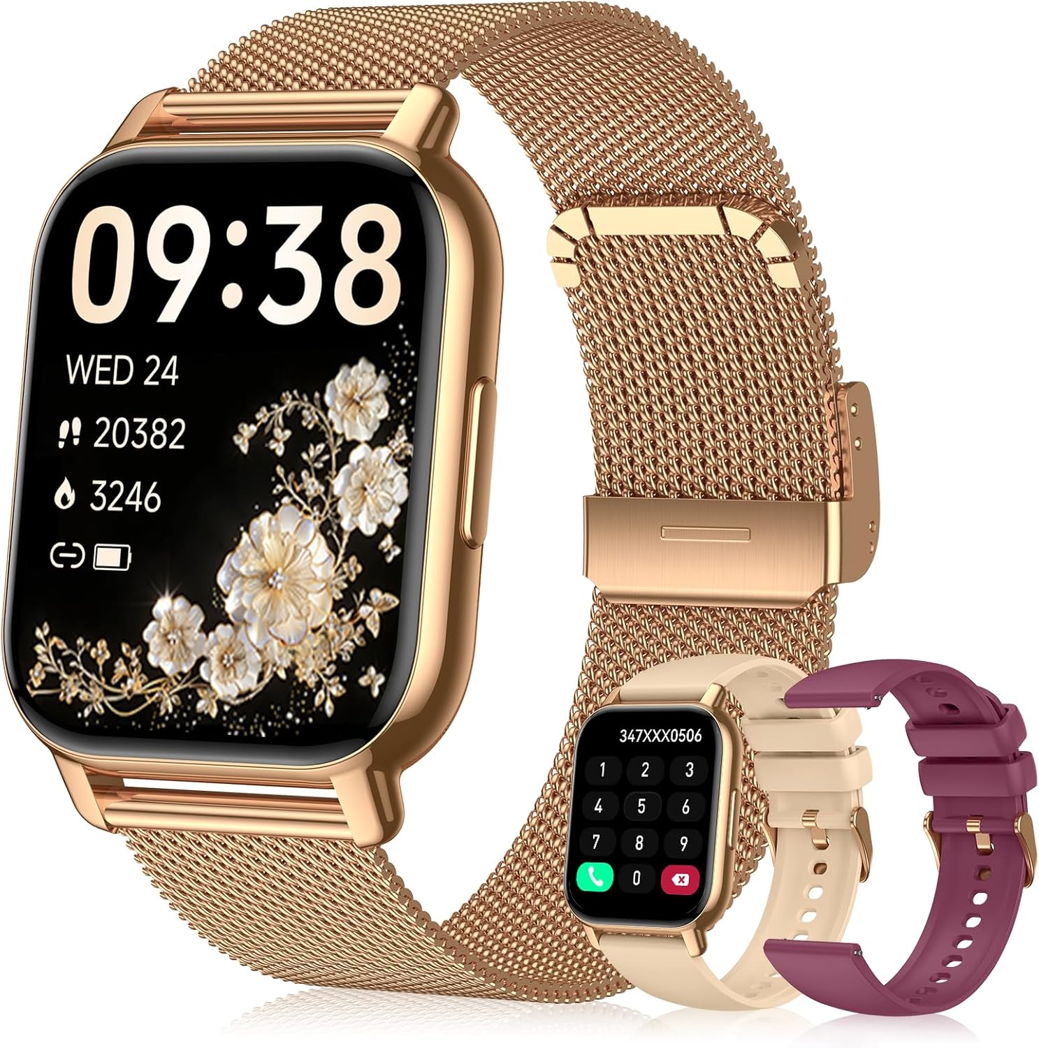 Smart Watch for Women (3 Bands), Fitness Tracker with Bluetooth Calls, IPX8 Waterproof Smartwatch for Android iPhone, 112+ Sport Modes, Heart Rate/Sleep/SpO2 Monitor, Gold