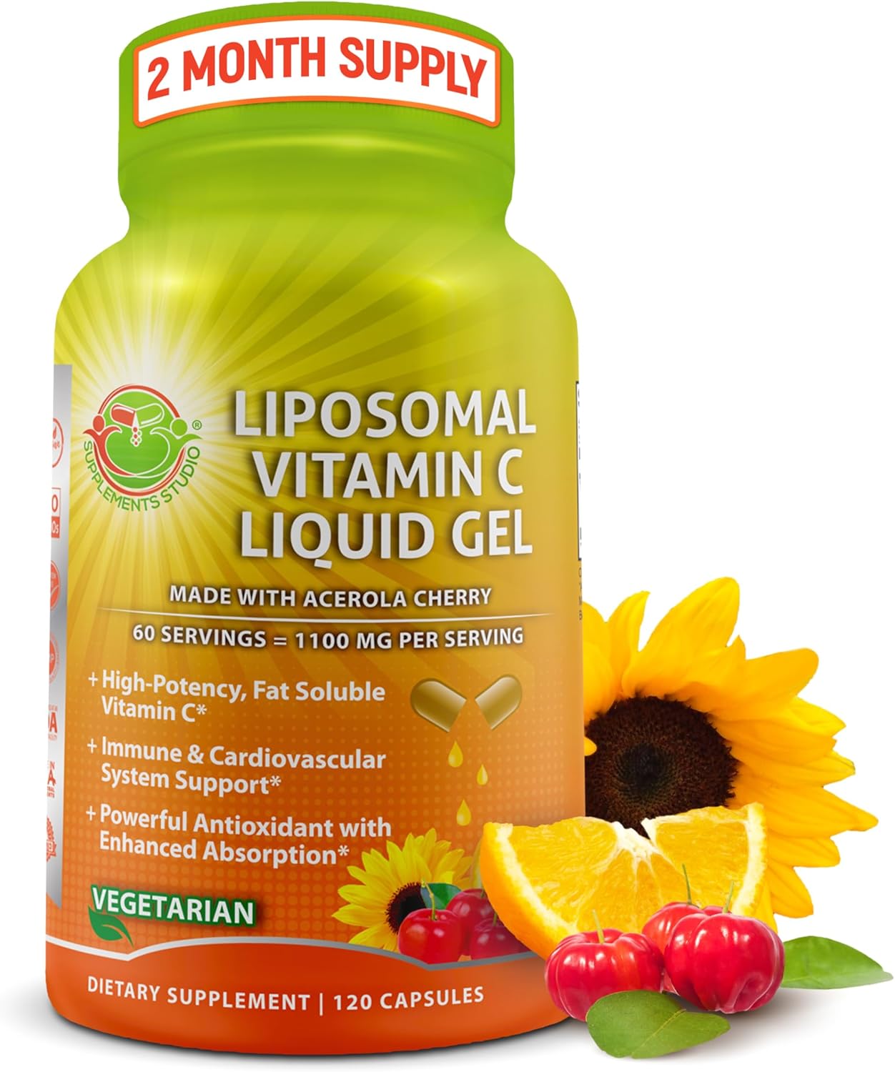 Liposomal Vitamin C Liquid Gel Capsules – 1100mg – Made with Organic Acerola Cherries, High Potency Vitamin C Liposomal Immune Support Supplement with Enhanced Absorption & Bioavailability – 120 count