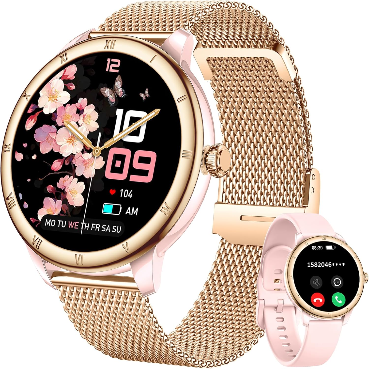 Smart Watches for Women, HD Screen Fitness Tracker 5ATM Waterproof with Bluetooth Make/Answer Calls, Activity Trackers with Heart Rate/Sleep/Female/SpO2 Monitor, Smartwatch for iPhone/Android(2 bands)