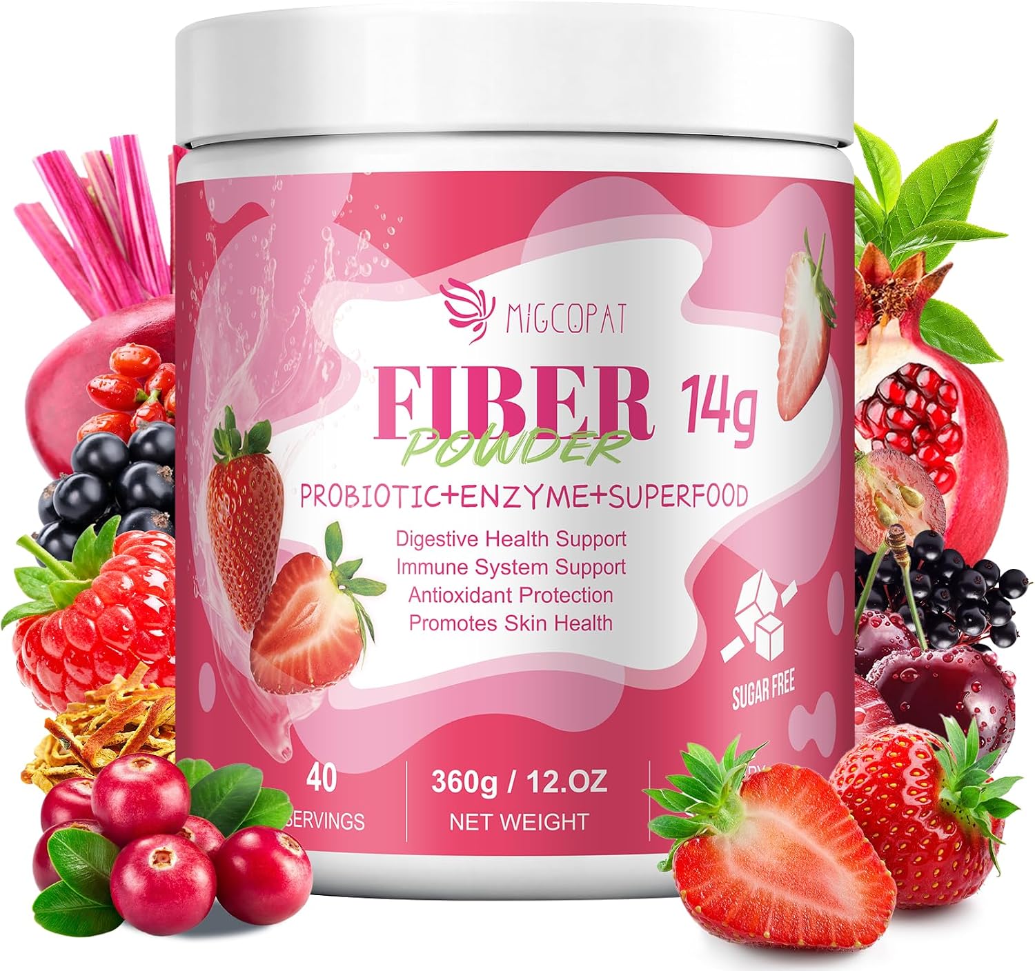 Migcopat Superfood Fiber Powder with Probiotics, Prebiotics, Digestive Enzymes, Vitamin C, Inulin, Magnesium, 14G Fiber Supplement for Digestive Support & Skin Health, Strawberry, 40 Serv.