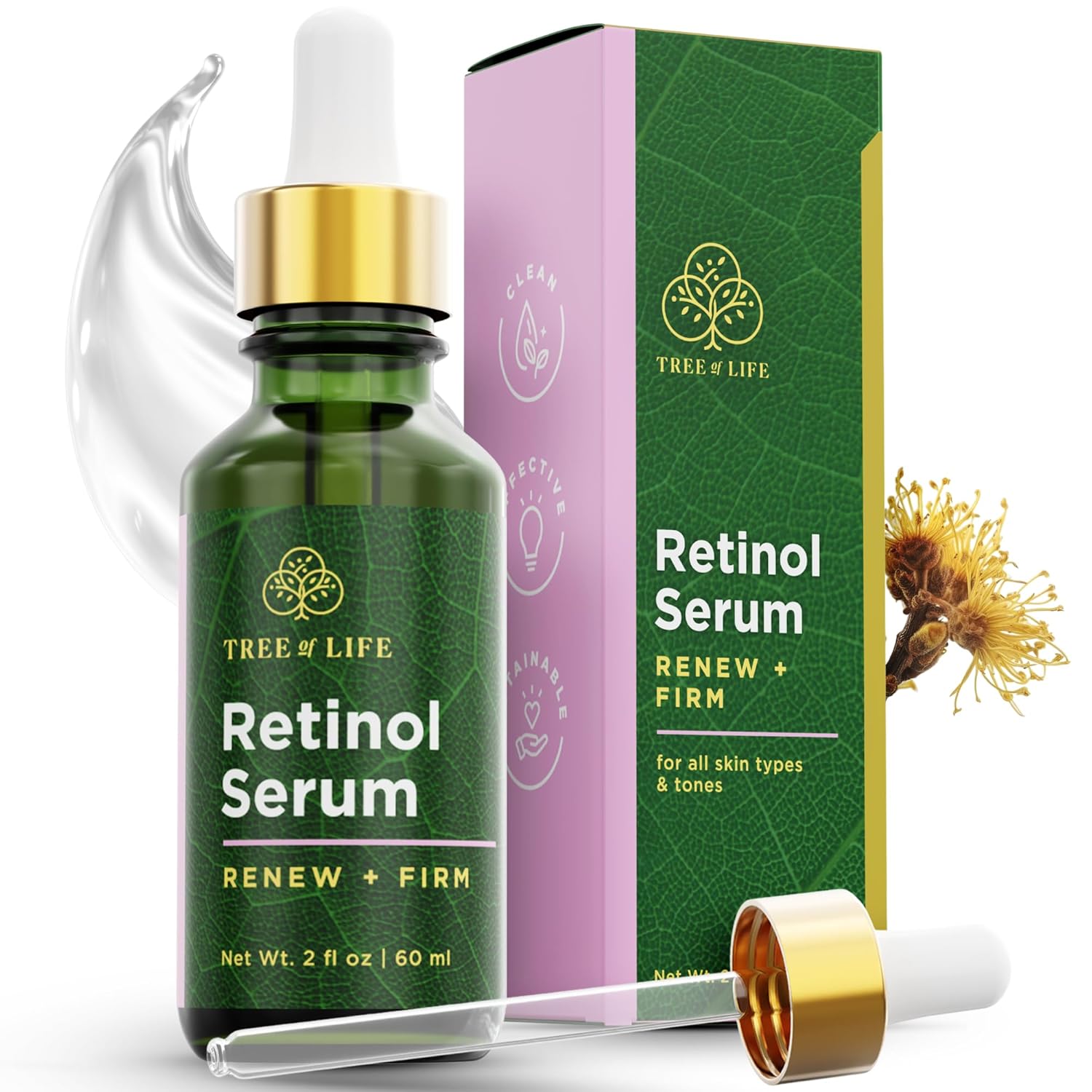Tree of Life Beauty Retinol Serum, Skin Smoothing Face Oil for Dark and Age Spots and Fine Lines, Facial Serums for Dry and Sensitive Skin Care with Hyaluronic Acid for Soft Smooth Skin, 2 Fl Oz