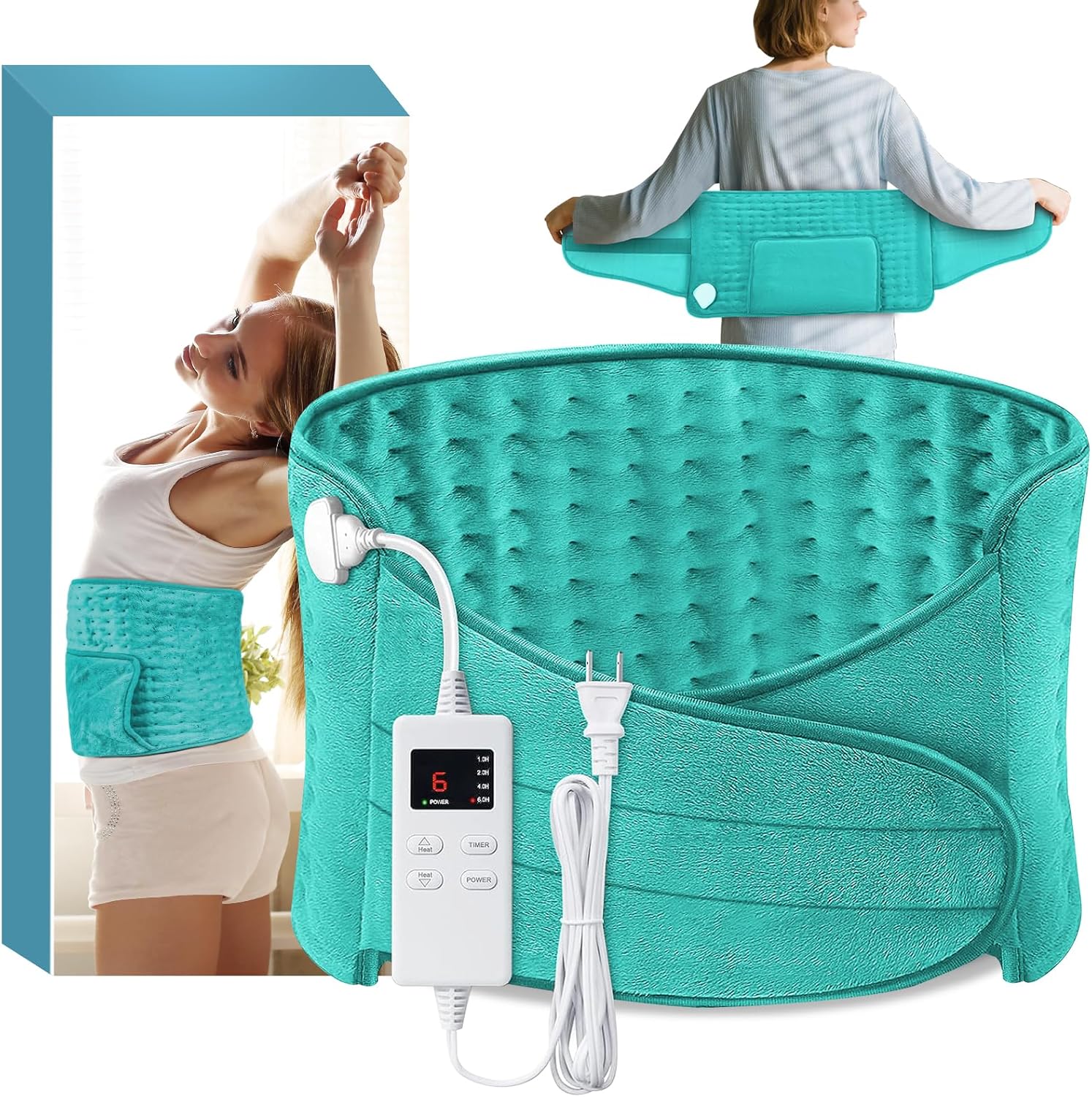Heating Pad Back Pain Relief Electric Heating Pad for Period Cramps Lower Back Neck Shoulders Pain Relief 6-Hour Auto Off 12×24 Heated Pad + 20″ Belt 4 Timer 6 Heat Level Wrap (Turquoise)