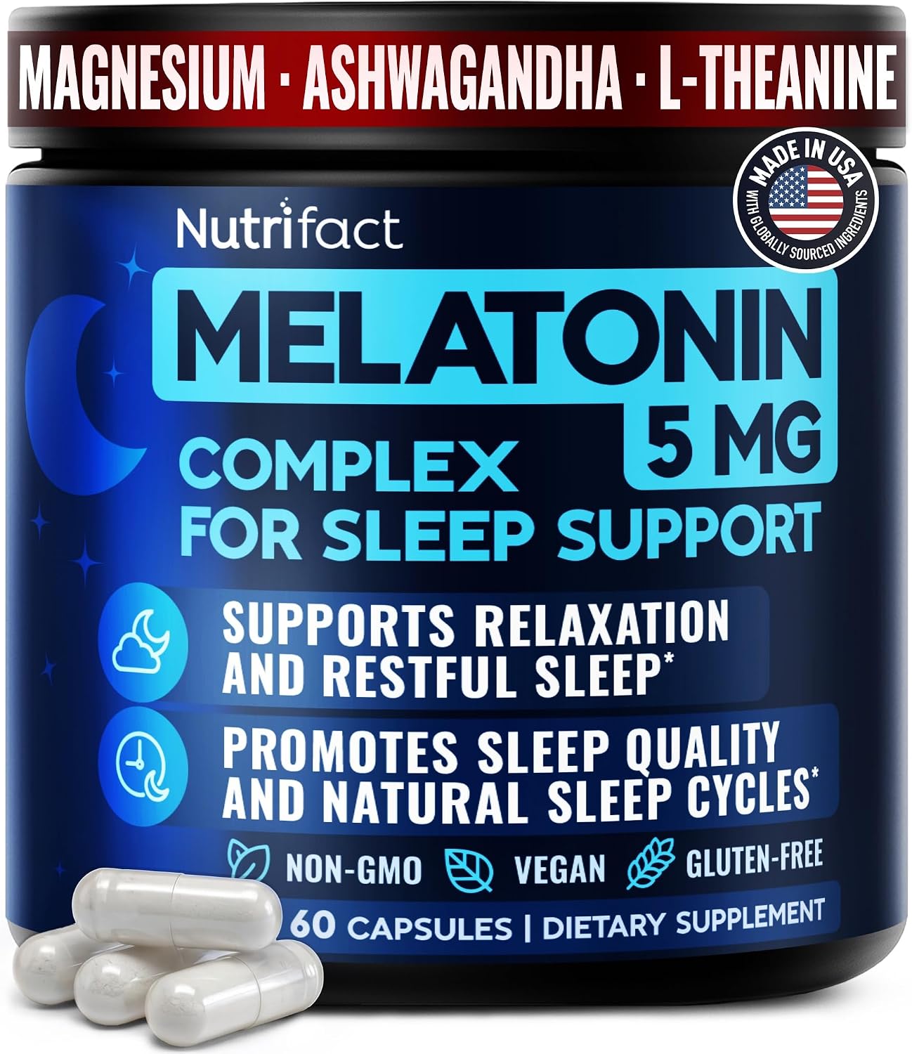 Melatonin 5mg Sleep Supplement Complex – Made in USA, Vegan, Non-GMO, Non-Habit Forming Deep Sleep Supplements – With Magnesium Glycinate, Ashwagandha, L-Theanine, Valerian Root – 60 Capsules