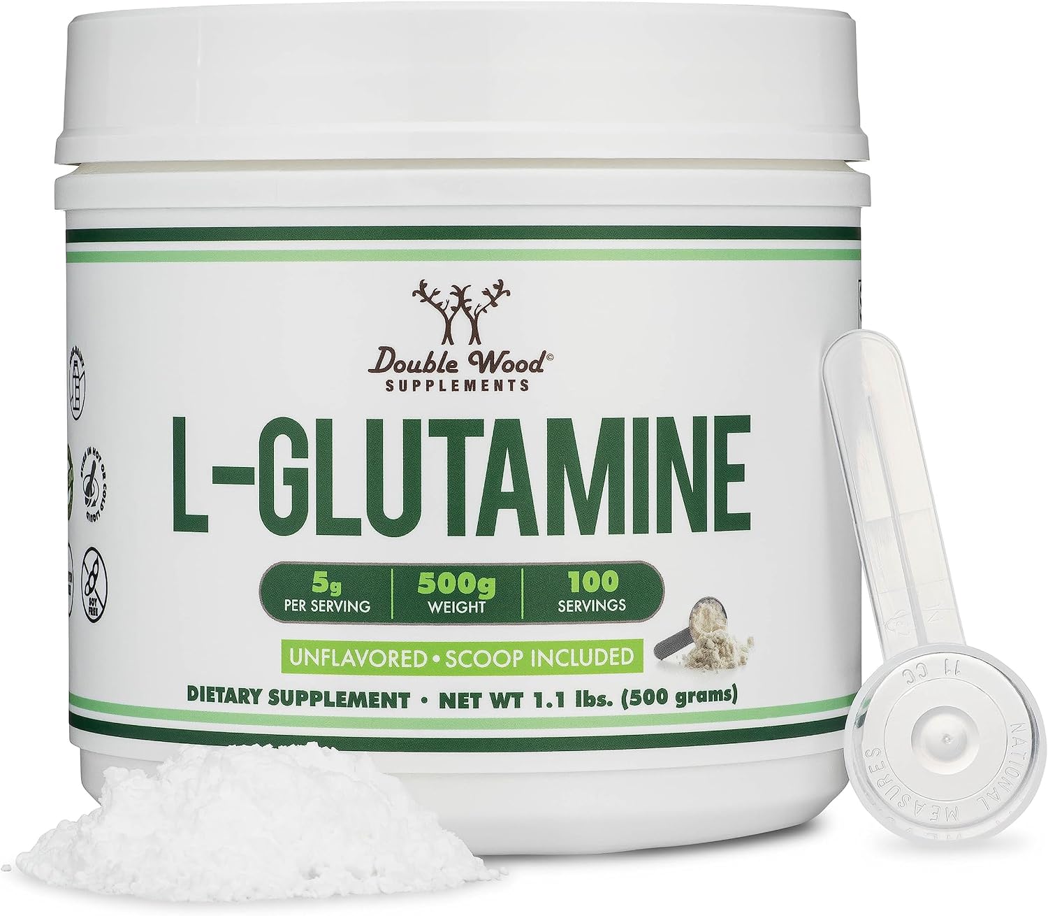 L Glutamine Powder 1.1lbs (100 Servings of 5 Grams Each – Third Party Tested L-Glutamine Powder) Unflavored, Keto, Vegan Friendly (with Scoop) for Exercise Endurance and Gut Health by Double Wood