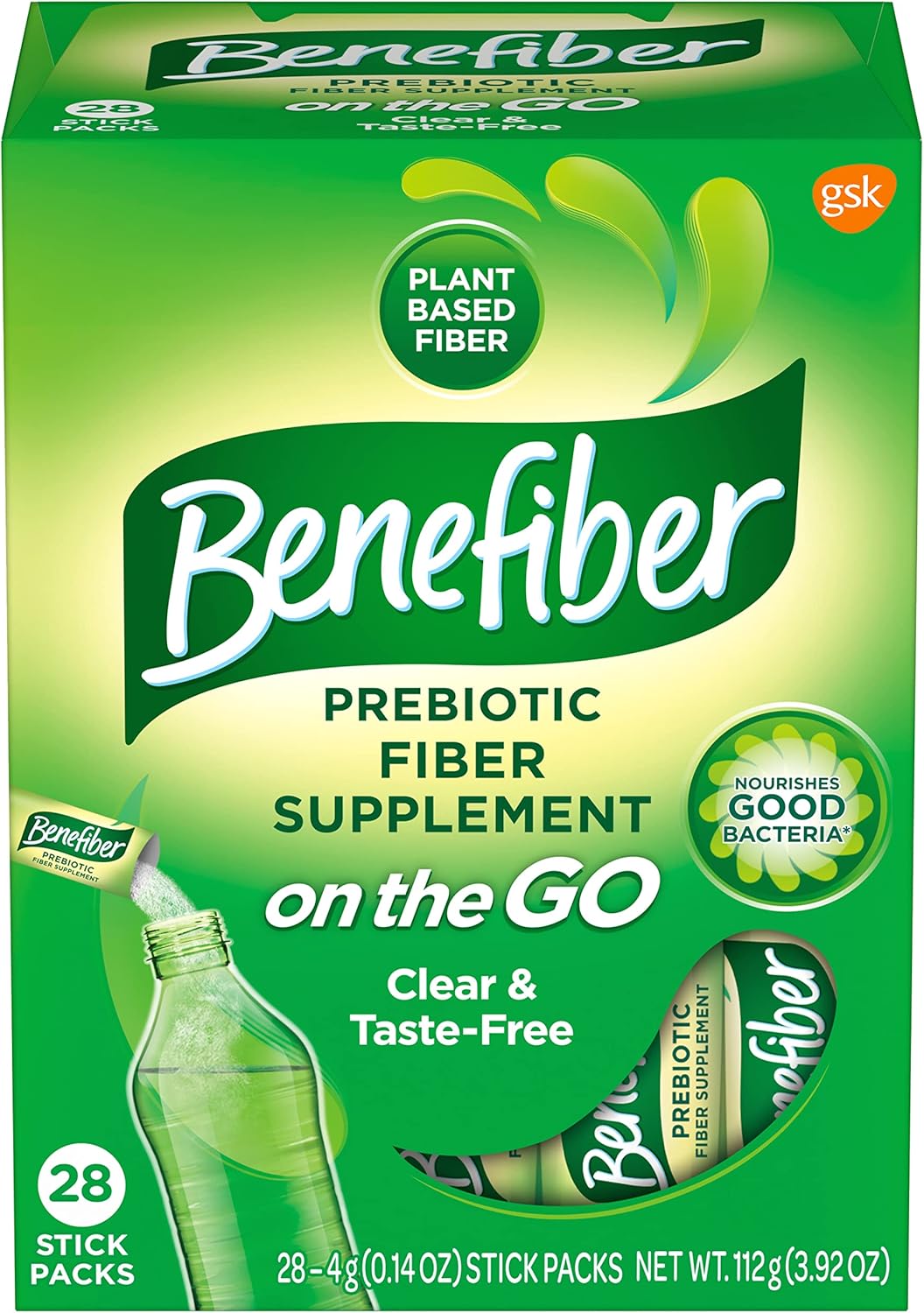 Benefiber On the Go Prebiotic GLP-1 Friendly Fiber Supplement Powder for Digestive Health, Daily Fiber, Unflavored – 28 Sticks (3.92 Ounces)