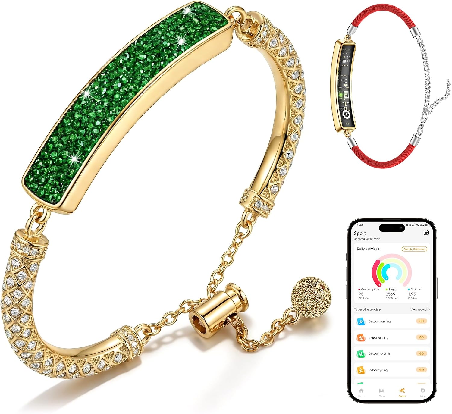 2-in-1 Crystal-Inlaid Smart Bracelet for Women, Jewelry Fitness Tracker with Heart Rate, Sleep & Cycle Tracking, IP68 Waterproof, Interchangeable Bands