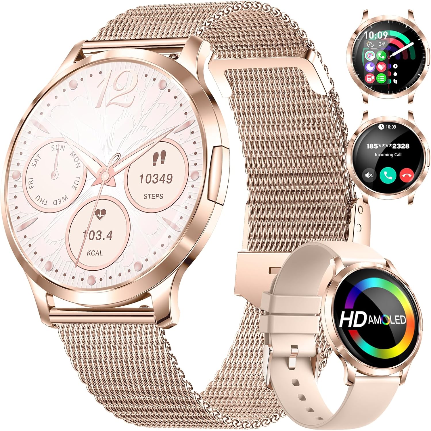DREMAC Smart Watch(Make Call/Thin),1.32” Amoled Curved Display for Android iPhone,Smart Watches for Women with Heart Rate Monitor,Sleep Monitor,Pedometer,IP68 Waterproof Fitness Tracker,Rose Gold