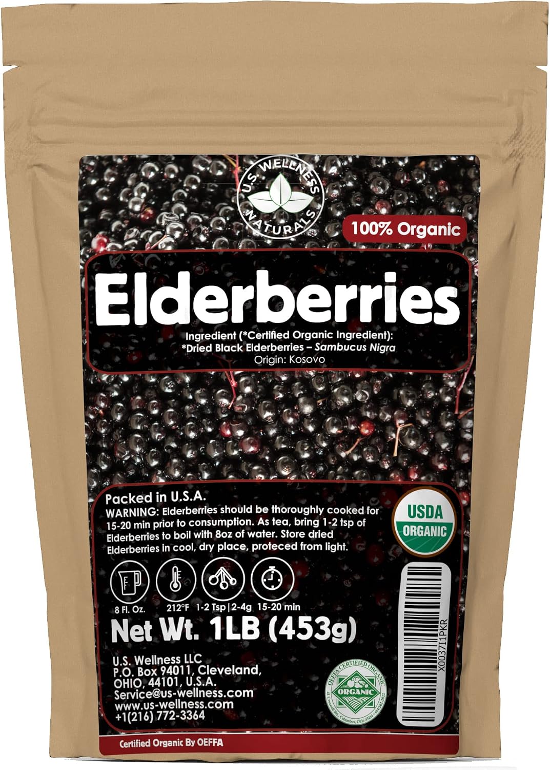 U.S. Wellness Naturals Elderberries – 1lb (Real Wild Harvest) | 100% USDA Certified Organic | Bulk Black Dried Elderberry | for Making Elder Syrup, Gummies, Tea – Raw Vegan Sambucus Nigra