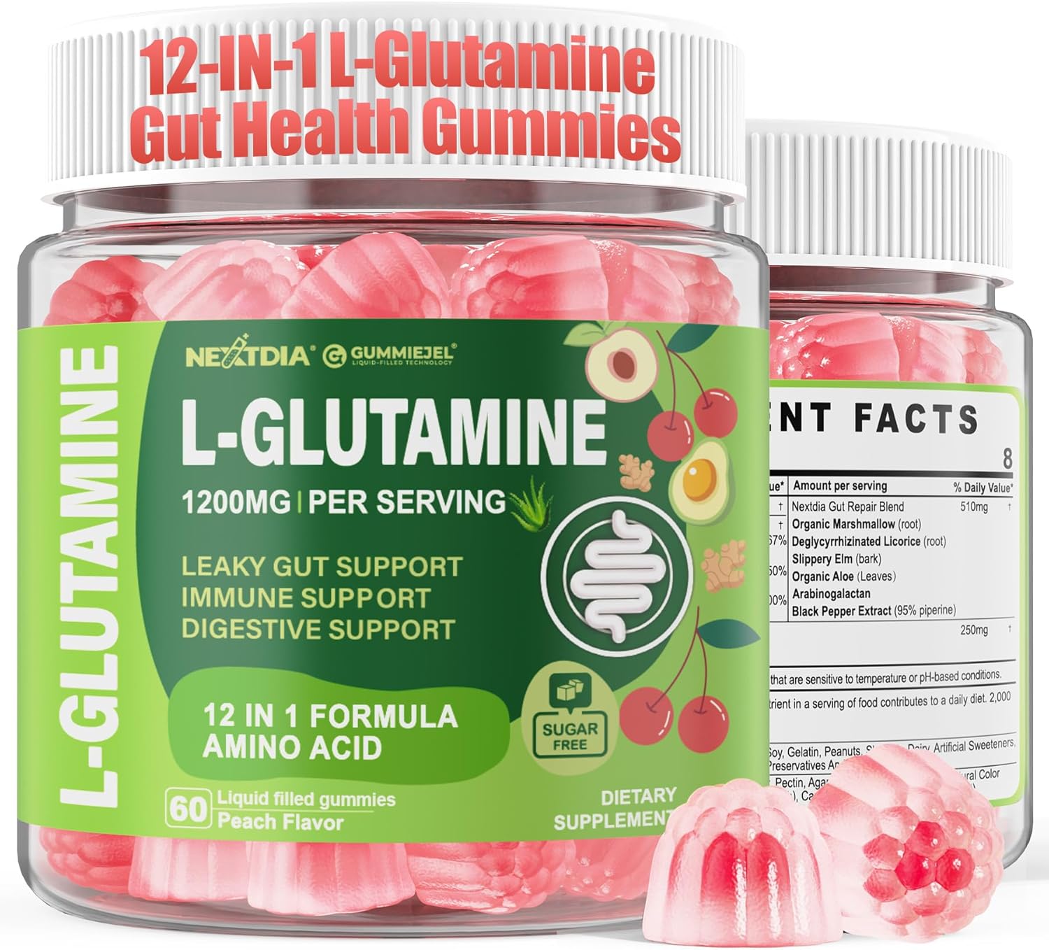 Nextdia L-Glutamine 1200mg Gummies, GLP-1 Friendly, for Gut & Immune Support, Leaky Gut Repair with Akk Probiotic, Slippery Elm, Marshmallow Root, Ginger, Aloe, Vitamin C D3, Zinc, Sugar-Free, 60 Cts