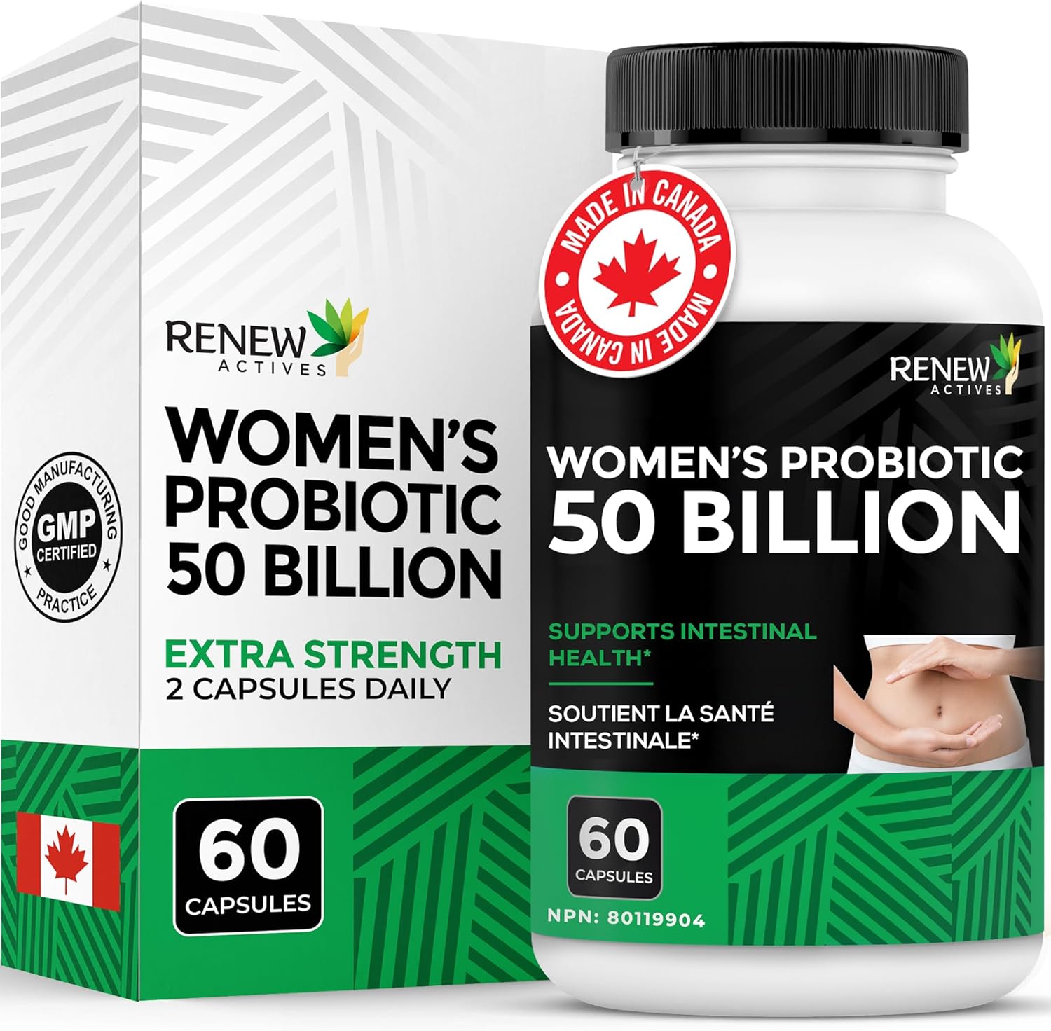 RENEW ACTIVES Probiotics for Women 50 Billion CFU per 2 Capsules – MAKTREK Technology, 4 Probiotic Strains & Prebiotic Blend– Supports Digestion Health & Gut Flora Balance– Made in Canada– 60 Capsules