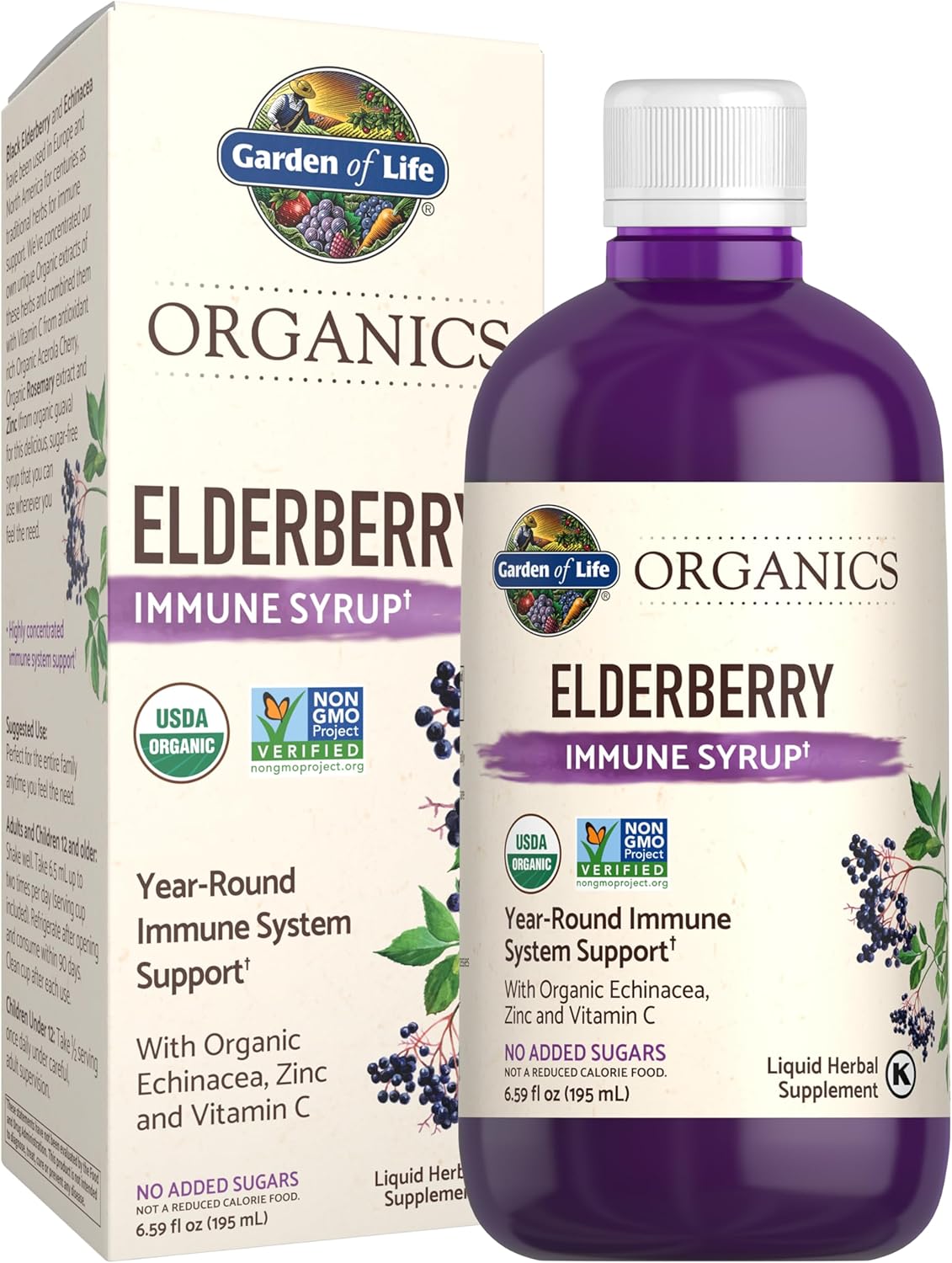 Garden of Life Organics Plant Based Elderberry Immune Syrup 6.59 floz (195 mL) for Kids & Adults – Sambucus, Echinacea, Zinc & Vitamin C, 0g Sugar, Organic Vegan Gluten Free Herbal Supplement