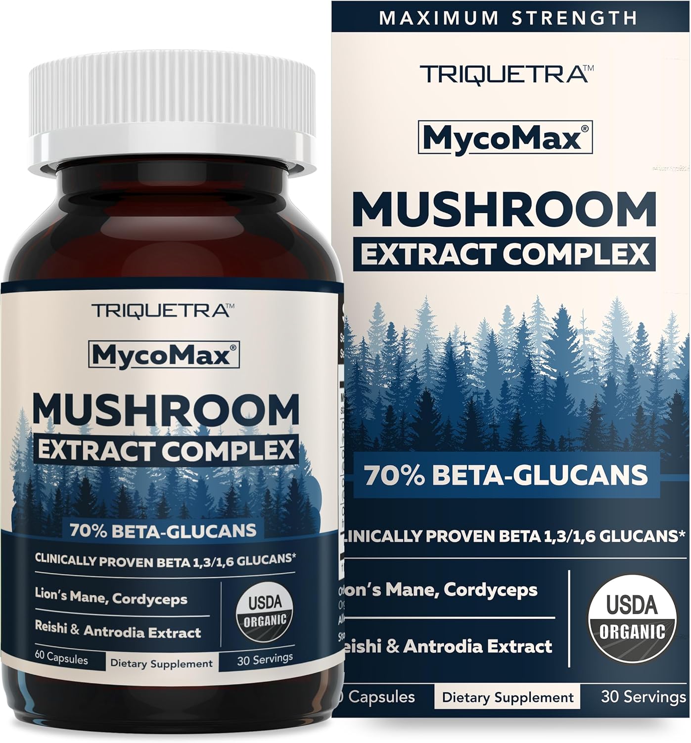 MycoMax Mushroom Complex – 70% Beta Glucans, Max Potency Mushroom Supplement, US Grown + Ultrasonic Extraction – Lions Mane, Cordyceps, Reishi & More – Cognition, Immunity, Energy – 60 capsules