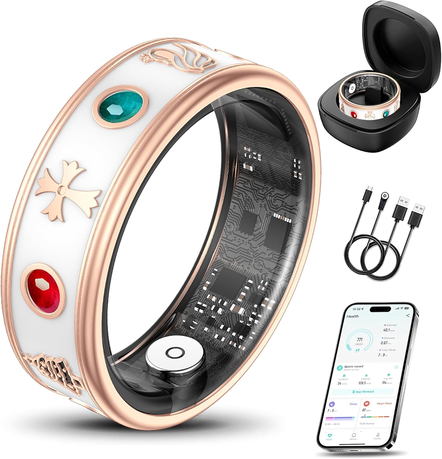 Smart Ring for Women,Fitness & Activity Tracker with Blood Pressure/Heart Rate Monitor, Sleep Tracker, Step Counter, IP68 Waterproof Ring for iOS&Android,Fast Charge,No Subscription (Rose Gold,Size8)