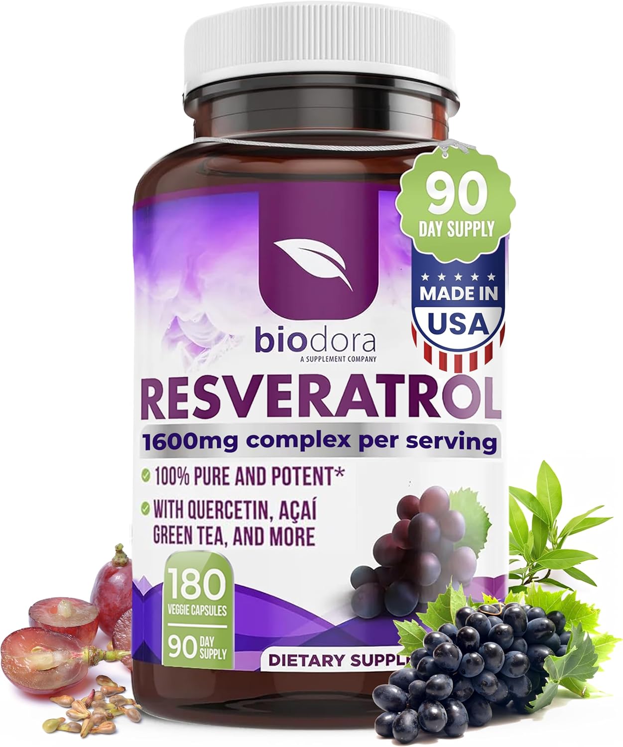 Resveratrol 1600mg – 180 Capsules | Trans-Resveratrol Antioxidant Supplement with Natural Green Tea, Grape Seed Polyphenols & Quercetin, Supports Digestive, Heart Health, Immune System, Brain Function