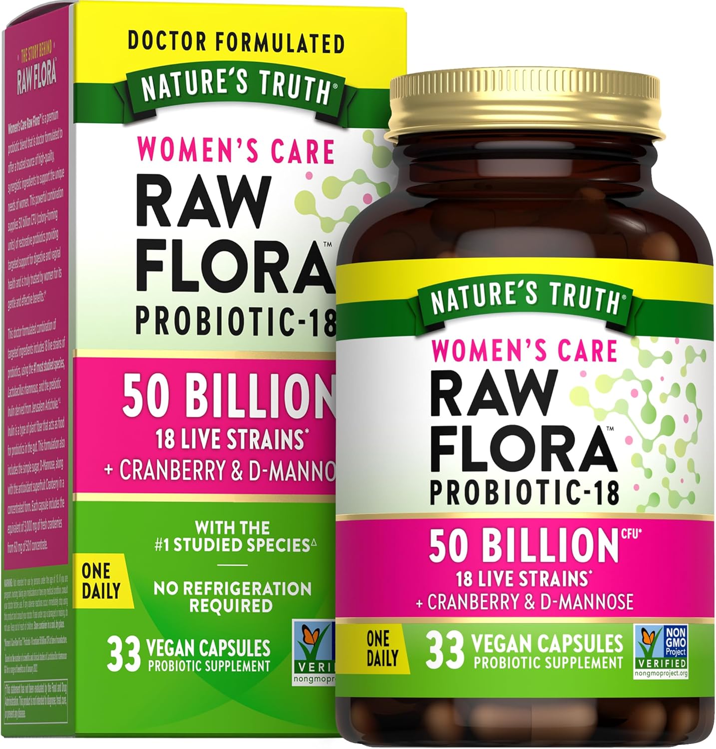 Raw Flora Probiotics for Women | 50 Billion CFU | 33 Capsules | with Cranberry and D-Mannose | Vegan, Non-GMO & Gluten Free Supplement