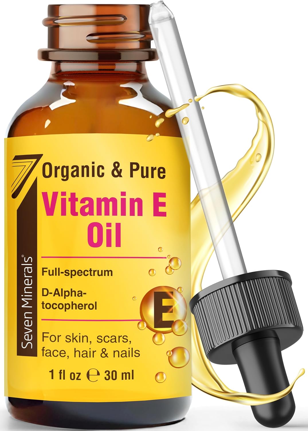 Seven Minerals Ultra Pure Vitamin E Oil – Full-Spectrum D-Alpha Tocopherol, 1 Fl Oz – 100% Organic Vitamin E Oil for Skin, Face, Hair, and Scars – Naturally Occurring = Not Synthetic