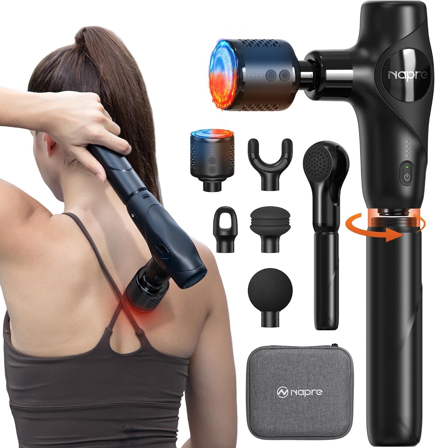 NAPRE 3-in-1 Detachable Massage Gun with Heat and Cold, Mini Massage Gun Deep Tissue with Extension Handle, Portable Handheld Percussion Muscle Massager for Back/Neck,Small & Quiet,5 Heads,with Case