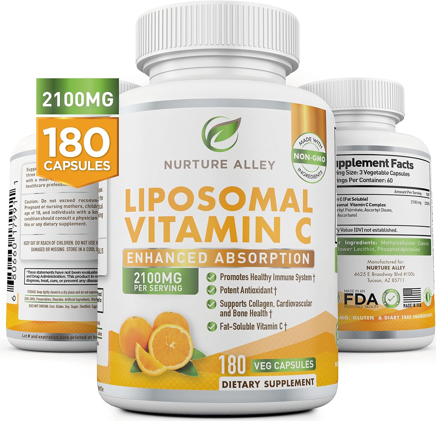 Liposomal Vitamin C 2100mg- 180 Capsules High Absorption Ascorbic Acid – Supports Immune System and Collagen Booster – Powerful Antioxidant High Dose Fat Soluble Supplement