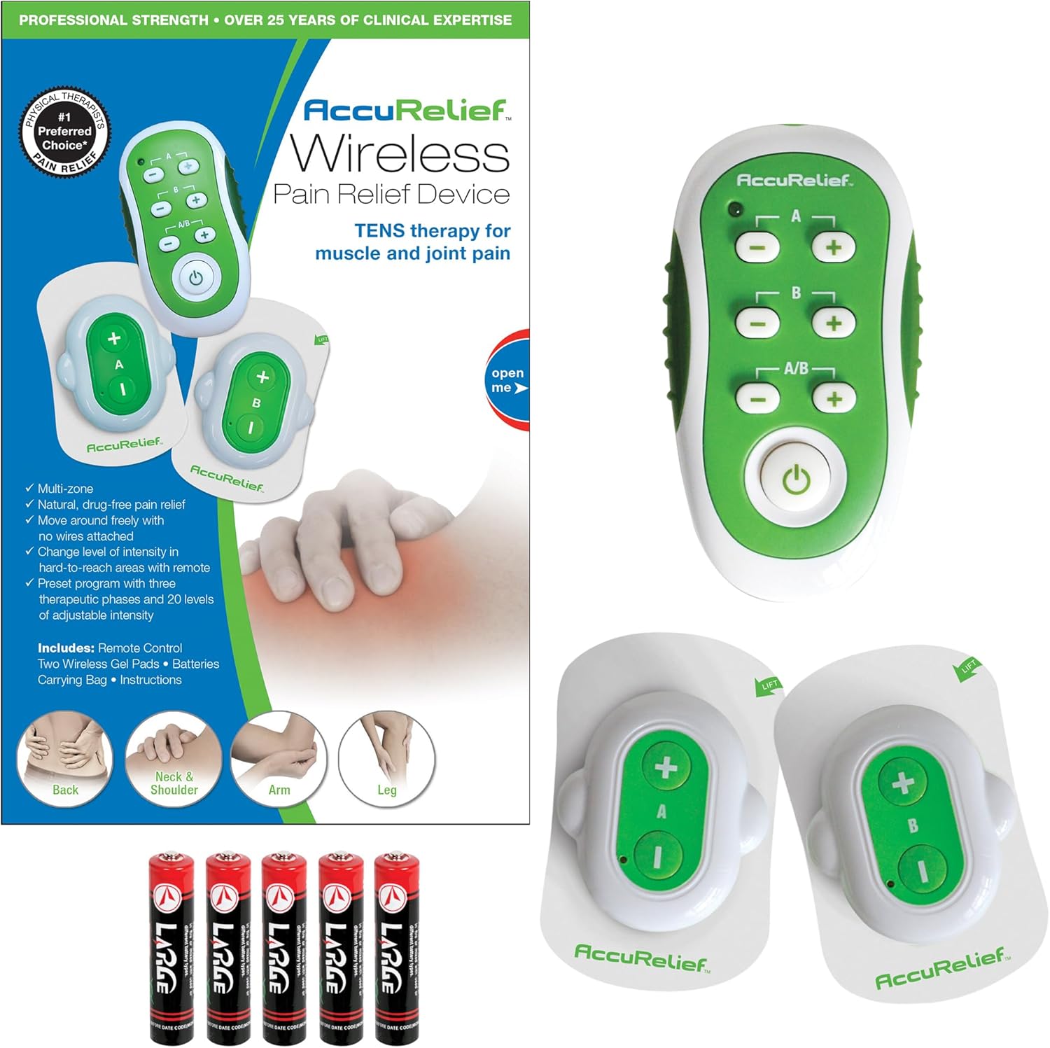 AccuRelief Wireless TENS Unit with Remote Control, TENS Pain Relief Device and Muscle Stimulator, for Back Pain, Neck Pain, Arm and Leg Pain