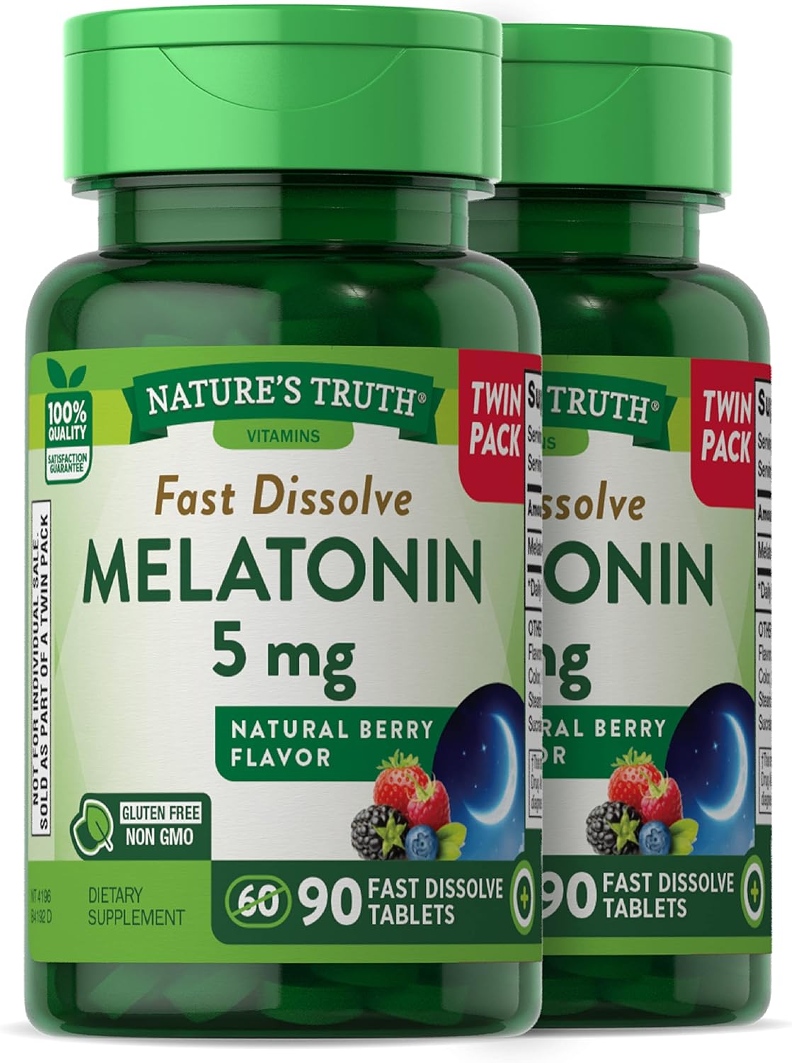 Nature’s Truth Melatonin 5 mg | 180 Fast Dissolve Tablets (2 X 90 Twin Pack) | Natural Berry Flavor | Vegetarian, Non-GMO, Gluten Free Supplement