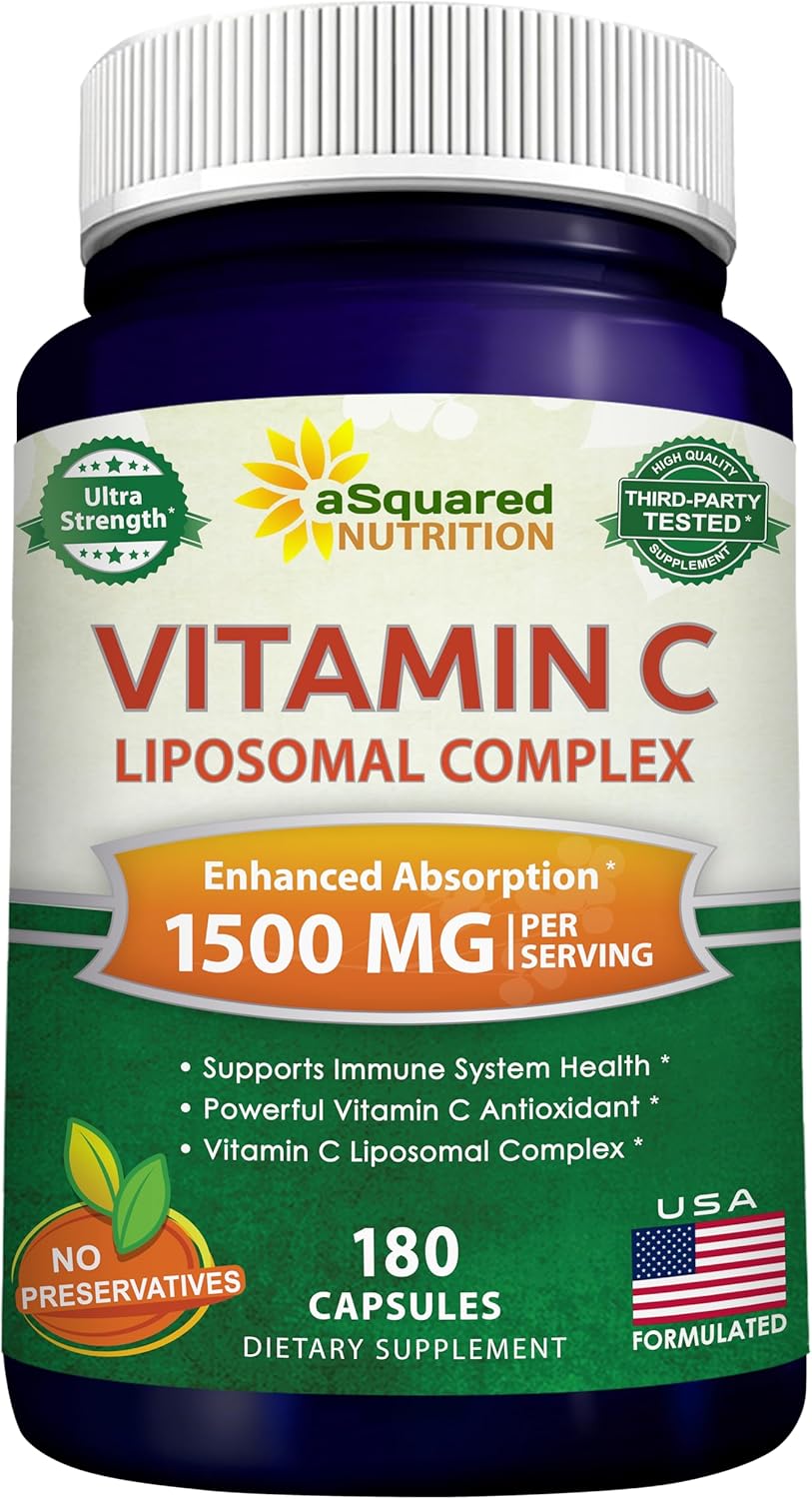 aSquared Nutrition Vitamin C Liposomal Complex – 1500mg Supplement – 180 Capsules – High Absorption VIT C Ascorbic Acid Pills – Supports Immune System & Collagen Health – 90 Servings