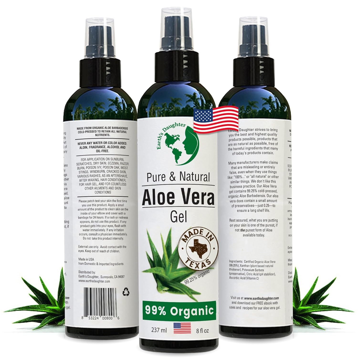 Earth’s Daughter Premium Organic Aloe Vera Gel from Fresh Cut 100% Pure Organic Aloe leaves – TopQuality Fast Absorbing for Face, Skin, Hair & Body – Vegan, Unscented, Natural – 8 Oz USA Made