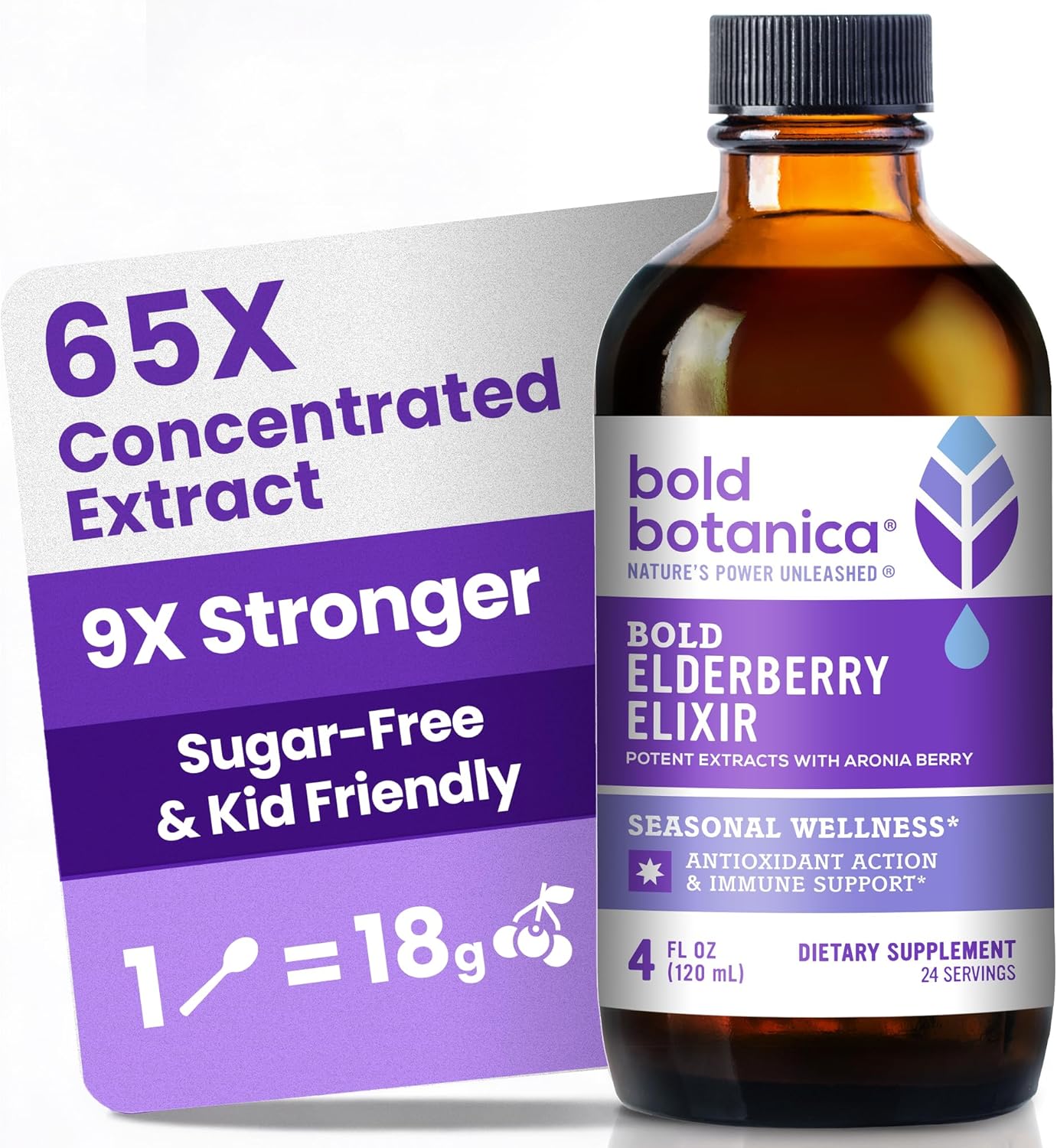Bold Botanica Elderberry Elixir – 65X Concentrated Extract – Sugar-Free & Kid Friendly – Immune Support Elderberry Syrup for Kids & Adults with Aronia Berry & Monk Fruit – 4 fl oz