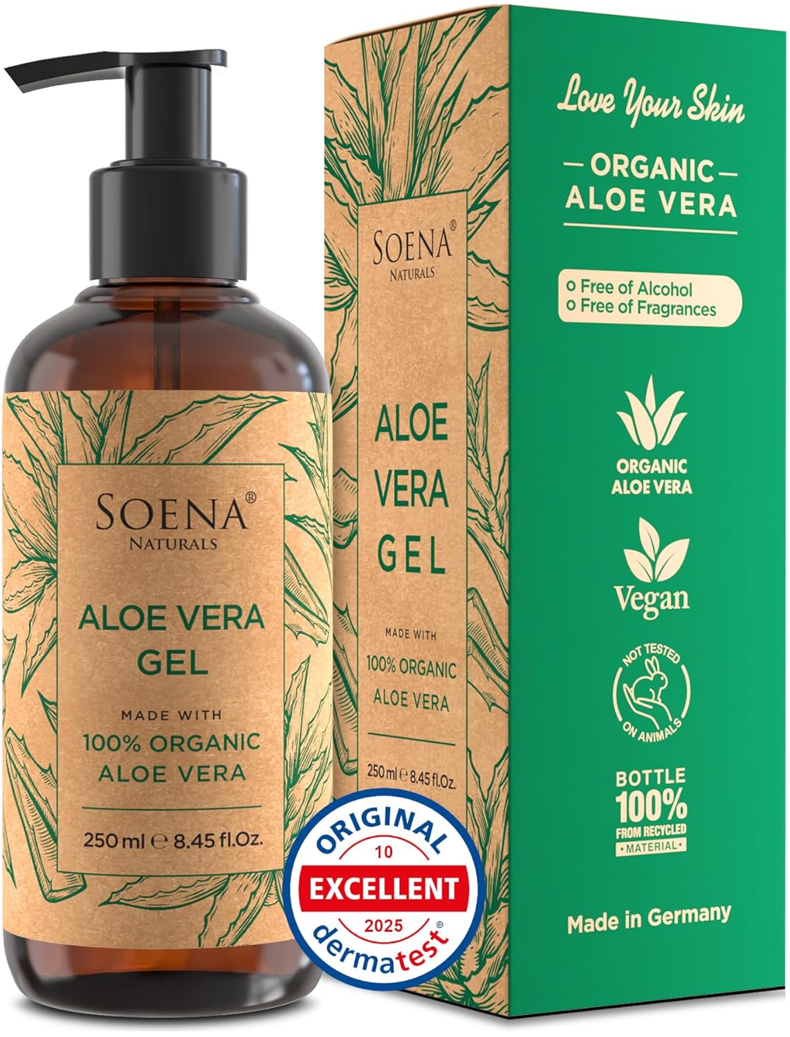 Soena Aloe Vera Gel Organic – FROM PURE ALOE LEAF JUICE – Vegan | 100% Natural & Unscented – Certified Organic – Made in Germany – Moisturizer – For Face, Skin, Hair, Sunburn relief
