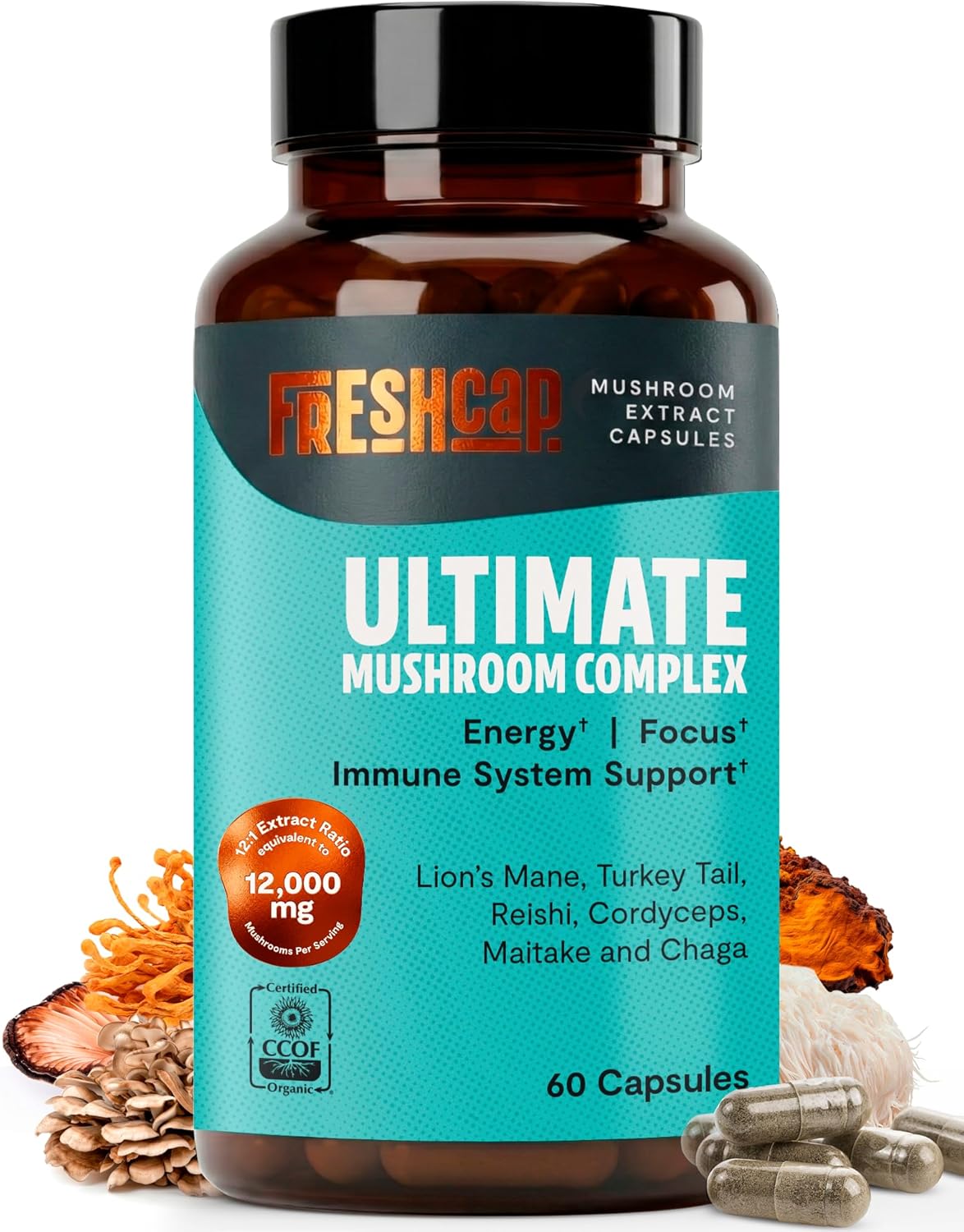 FreshCap Mushrooms Premium Organic Ultimate Mushroom Supplement – 12:1 Fruiting Body Extract with 29% Beta-Glucans – 3rd-Party Tested Nootropic for Energy, Focus & Immune Support (60 Capsules)