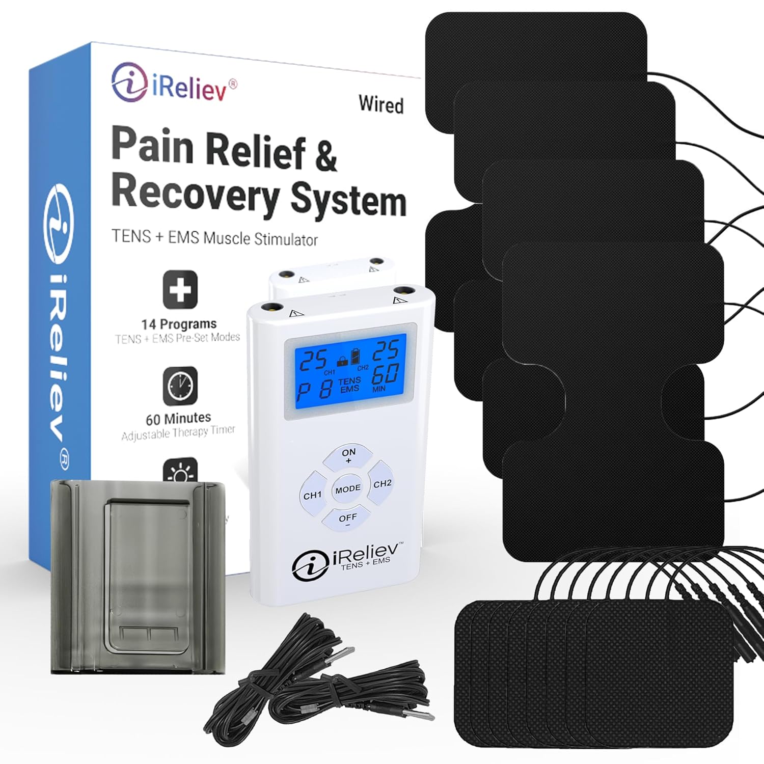 iReliev TENS + EMS Combination Unit Muscle Stimulator for Pain Relief, Arthritis, Muscle Strength – Treats Tired, Sore Muscles in Your Shoulders, Back, Ab’s, Legs, Knee’s, More