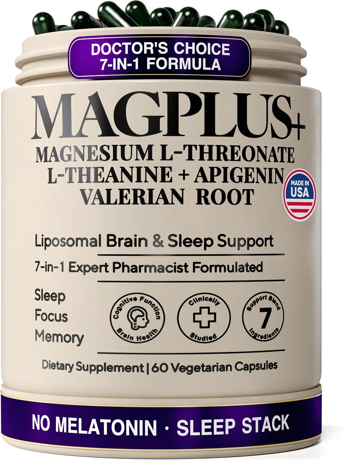 Magnesium L-Threonate with Apigenin, Valerian Root & L-Theanine – No Melatonin Restful Sleep & Brain Supplement – Clinically Studied 7-Ingredient Formula – Memory & Focus – 60 Capsules