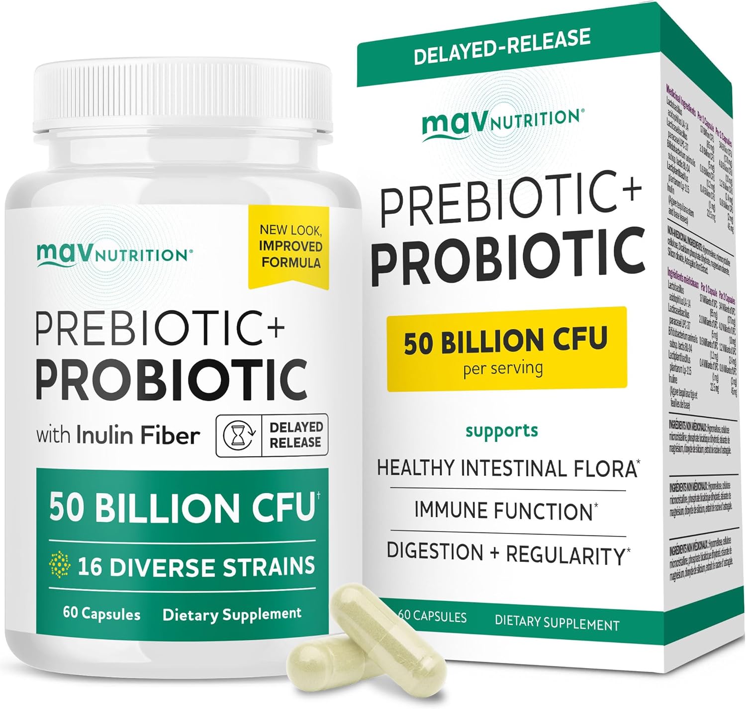 Prebiotics and Probiotics | 50 Billion CFU, 16 Probiotic Strains & Inulin Prebiotic Fiber | Delayed Release Capsules | Gut Health Support | Prebiotics and Probiotics for Women & Men | Non-GMO | 60 Ct