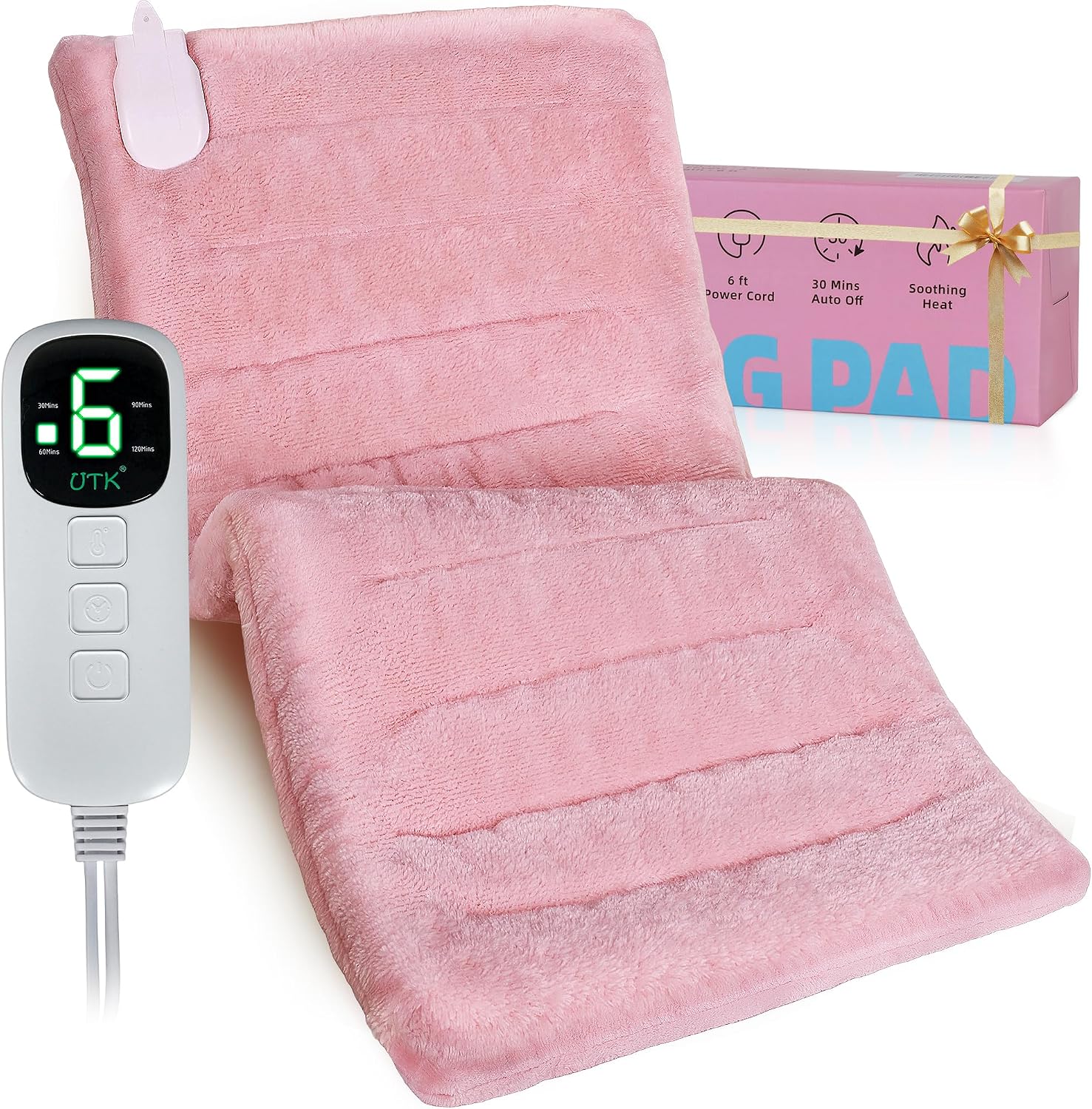UTK XL Heating Pad for Back, Electric Heat Pad for Period Cramps Pain Relief, Soft Thicken Flannel Fabric Machine Washable, Birthday Gifts for Women Mom, 6 Heat Settings & Auto-Off, 12″ x 24″(Pink)
