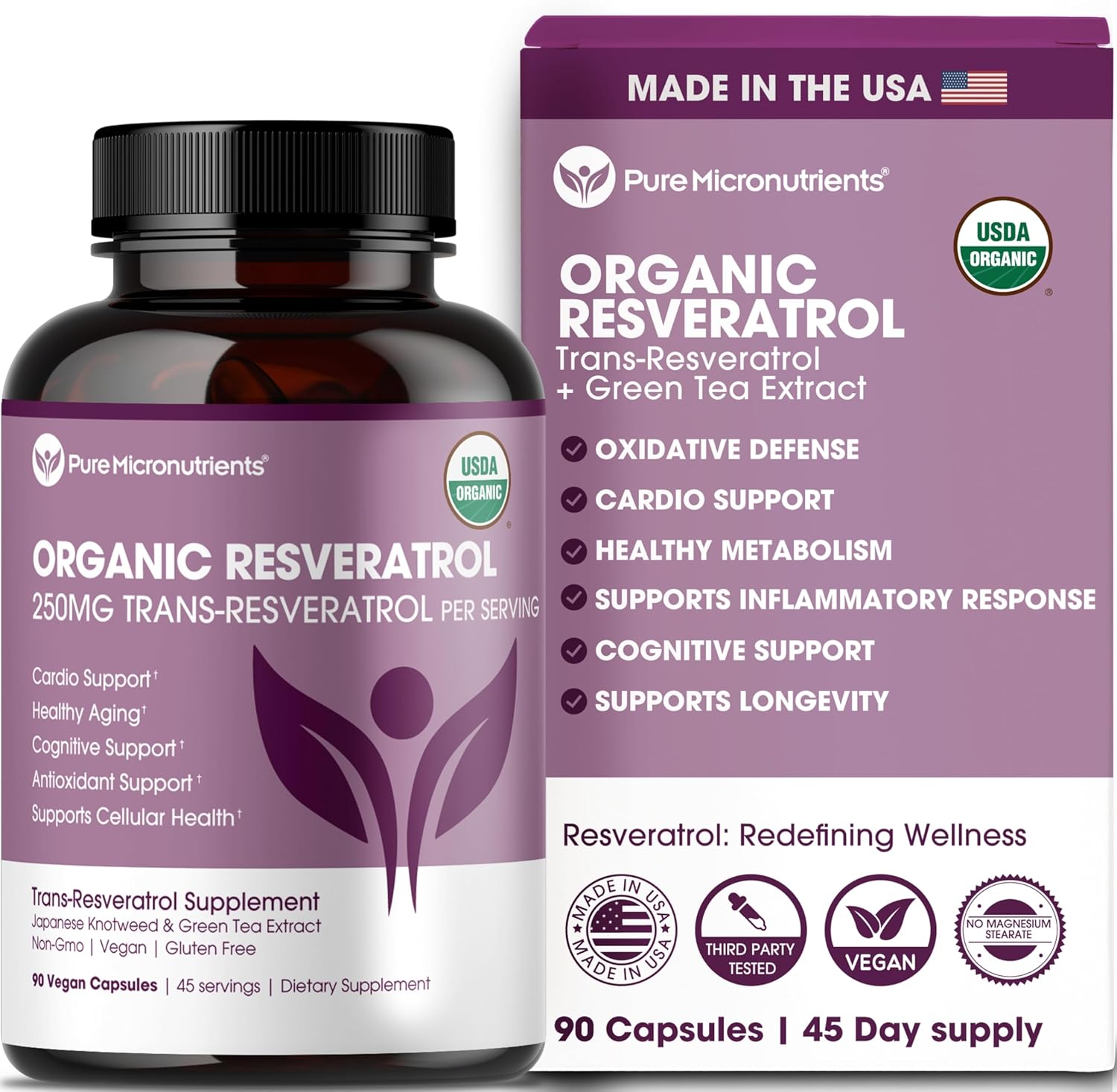 Organic Resveratrol Supplement – Trans-Resveratrol Capsules with Green Tea – Highly Purified & Bioavailable – 90 Vegan Caps
