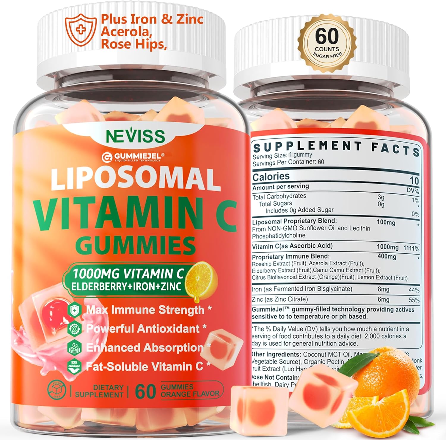 Liposomal Vitamin C 1000mg Gummies for Adults – Vitamin C Chewable with Elderberry, Zinc & 8mg Iron, Sugar Free Vit C Supplements, Daily Immune Support Gummies for Energy, Collagen Booster 60 Counts
