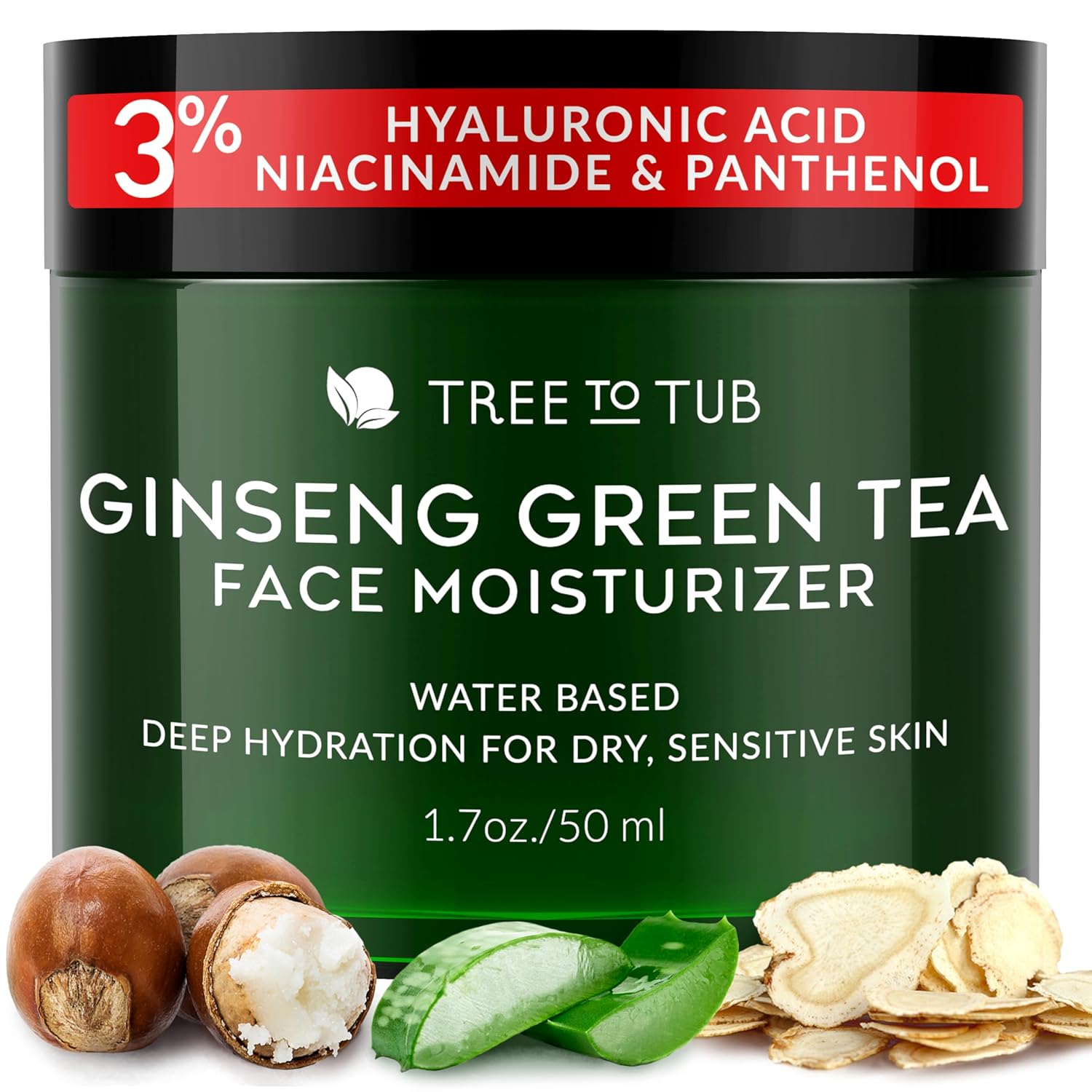 Tree To Tub Hydrating Face Moisturizer for Dry & Sensitive Skin – Water Based Hyaluronic Acid Facial Moisturizer, Moisturizing Face Cream for Women & Men w/Organic Aloe, Green Tea, Natural Ginseng