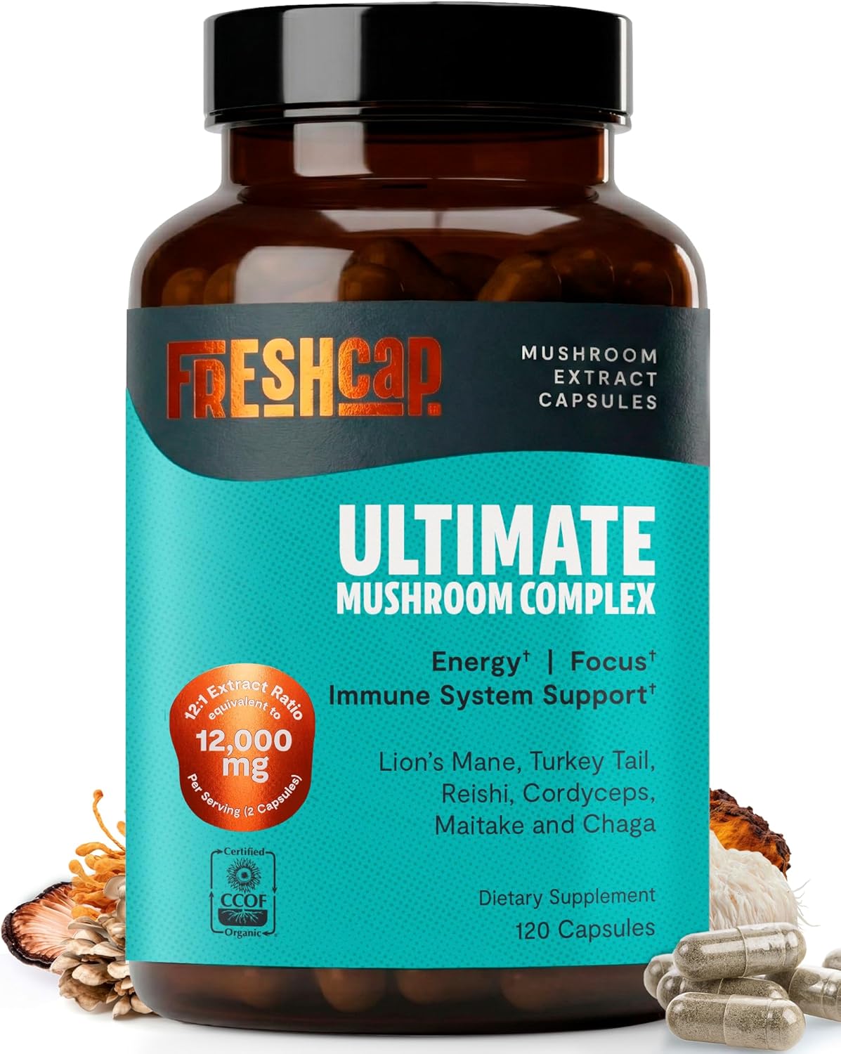 FreshCap Mushrooms Premium Organic Ultimate Mushroom Supplement – 12:1 Fruiting Body Extract with 29% Beta-Glucans – 3rd-Party Tested Nootropic for Energy, Focus & Immune Support (120 Capsules)